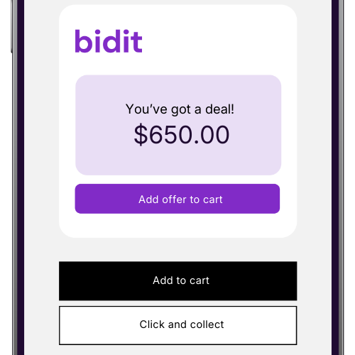 Bidit app screen showing a winning bid of $650.00 with options to add to cart or click and collect.