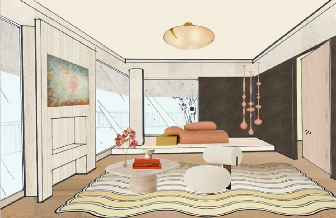 Sketch of a modern living room with large windows, a bed, a chandelier, hanging pink light fixtures, a coffee table with books and flowers, and a patterned rug.