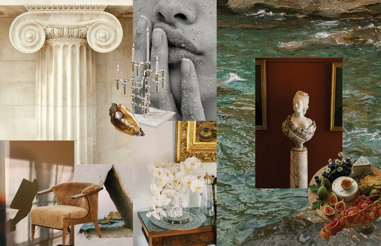 A collage of various artistic and interior design elements including a classical column, a black and white close-up of a person’s face with finger to lips, a chandelier, a golden sculpture, a bust in front of a water background, a cozy armchair, a table with white orchids, and a tray with fruits and cheese.