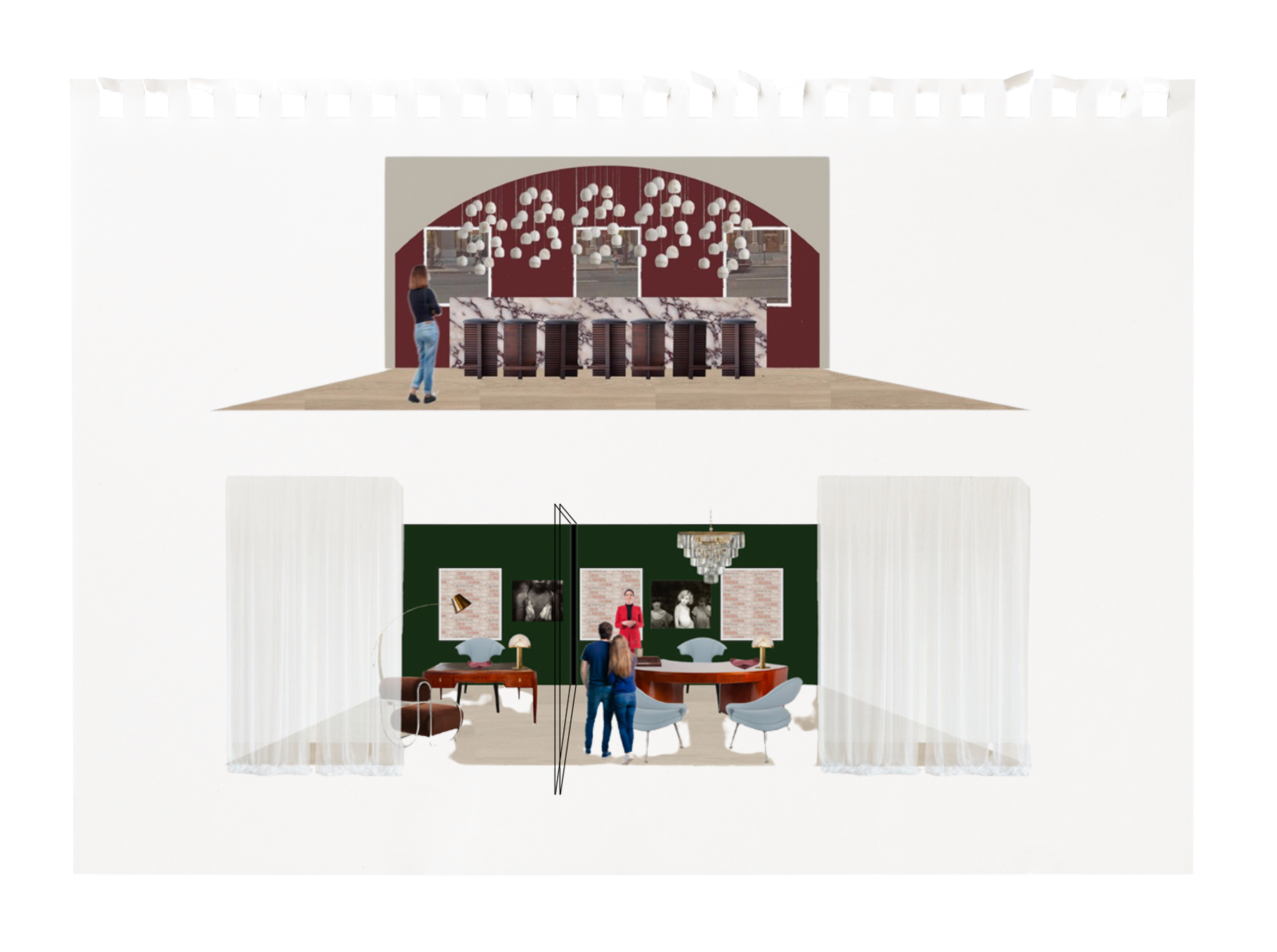 A two-level interior design layout featuring a bar area on the top level with a marble counter, pendant lighting, and a woman inspecting the space; the bottom level is an office or meeting room with green walls, artwork, a chandelier, and two people discussing near desks and chairs.