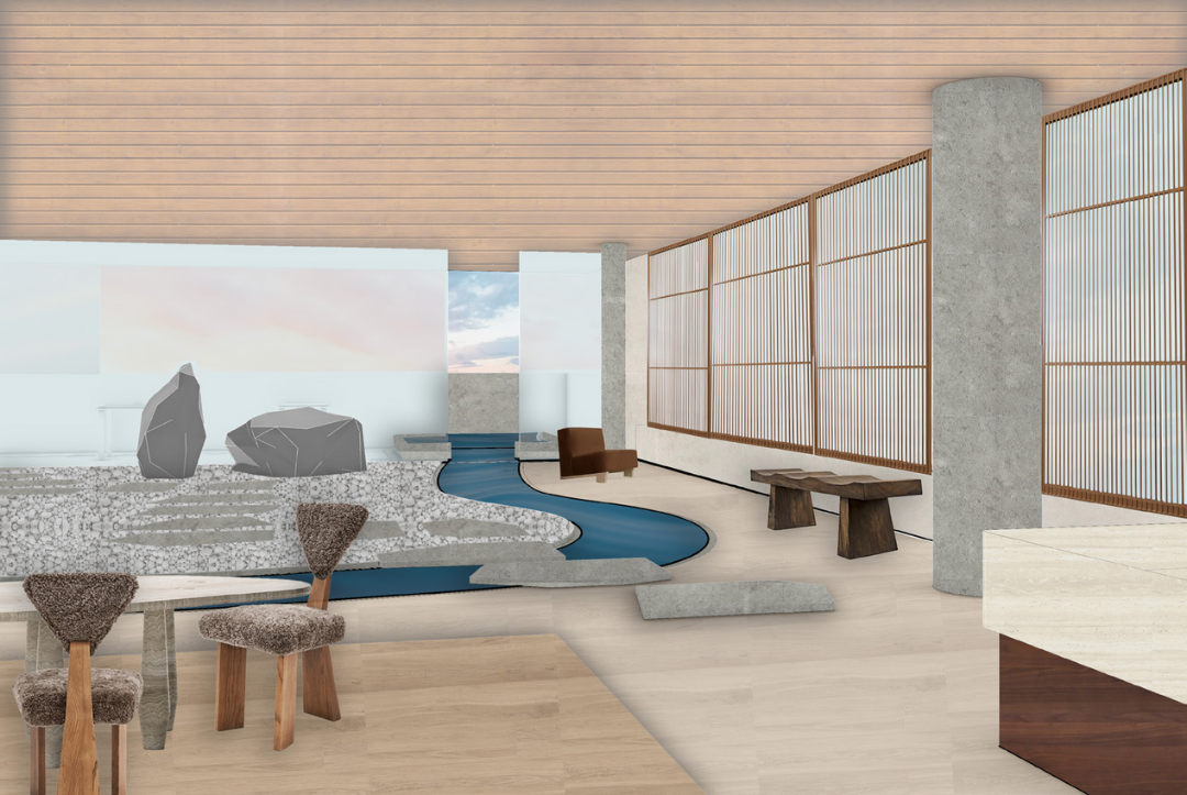 Modern interior space with a feature wall, a water stream, wooden accents, and minimalistic furniture.