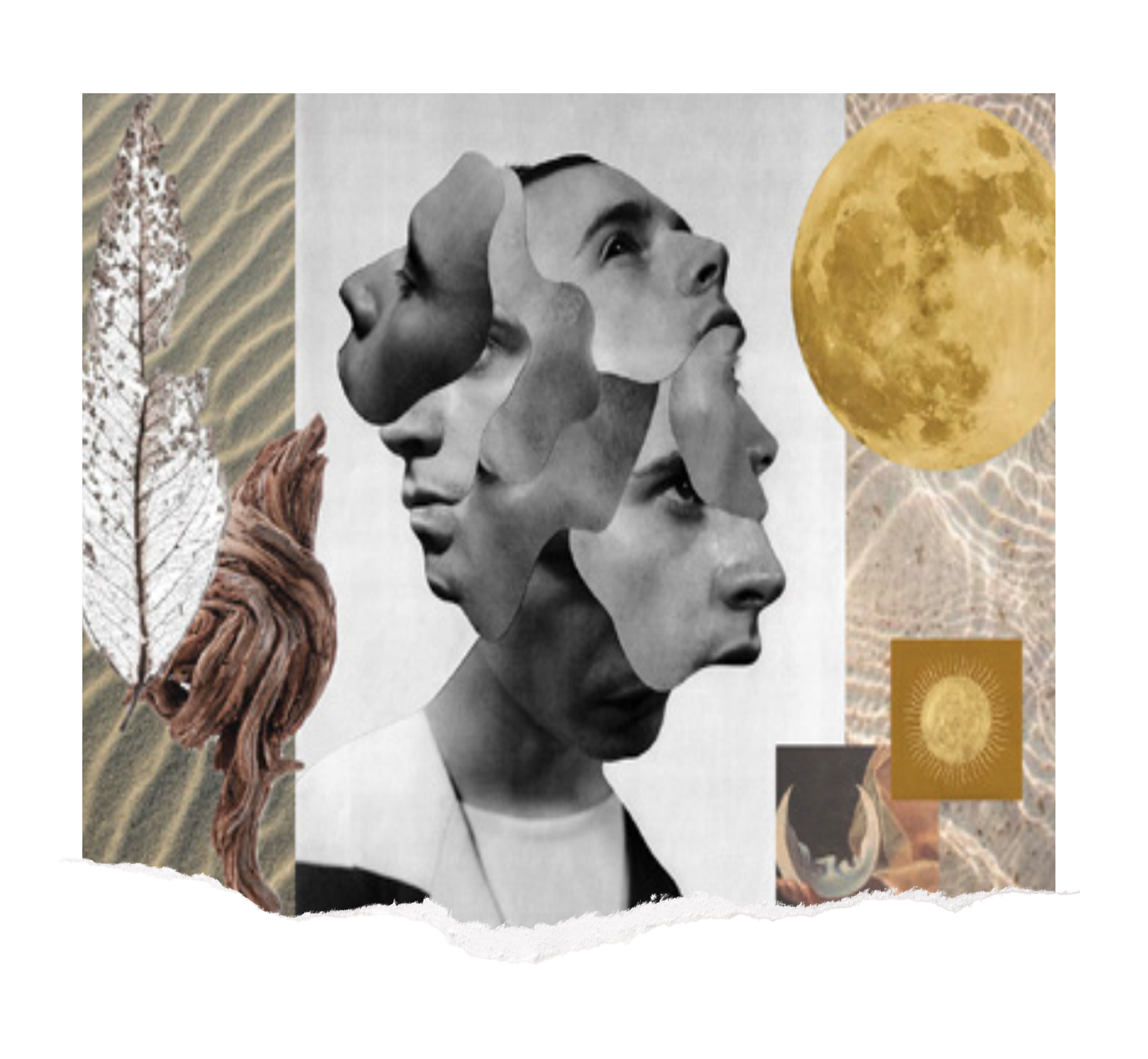 Collage of abstract human profile faces blended together, a full moon, a smaller sun illustration, tree and natural textures.