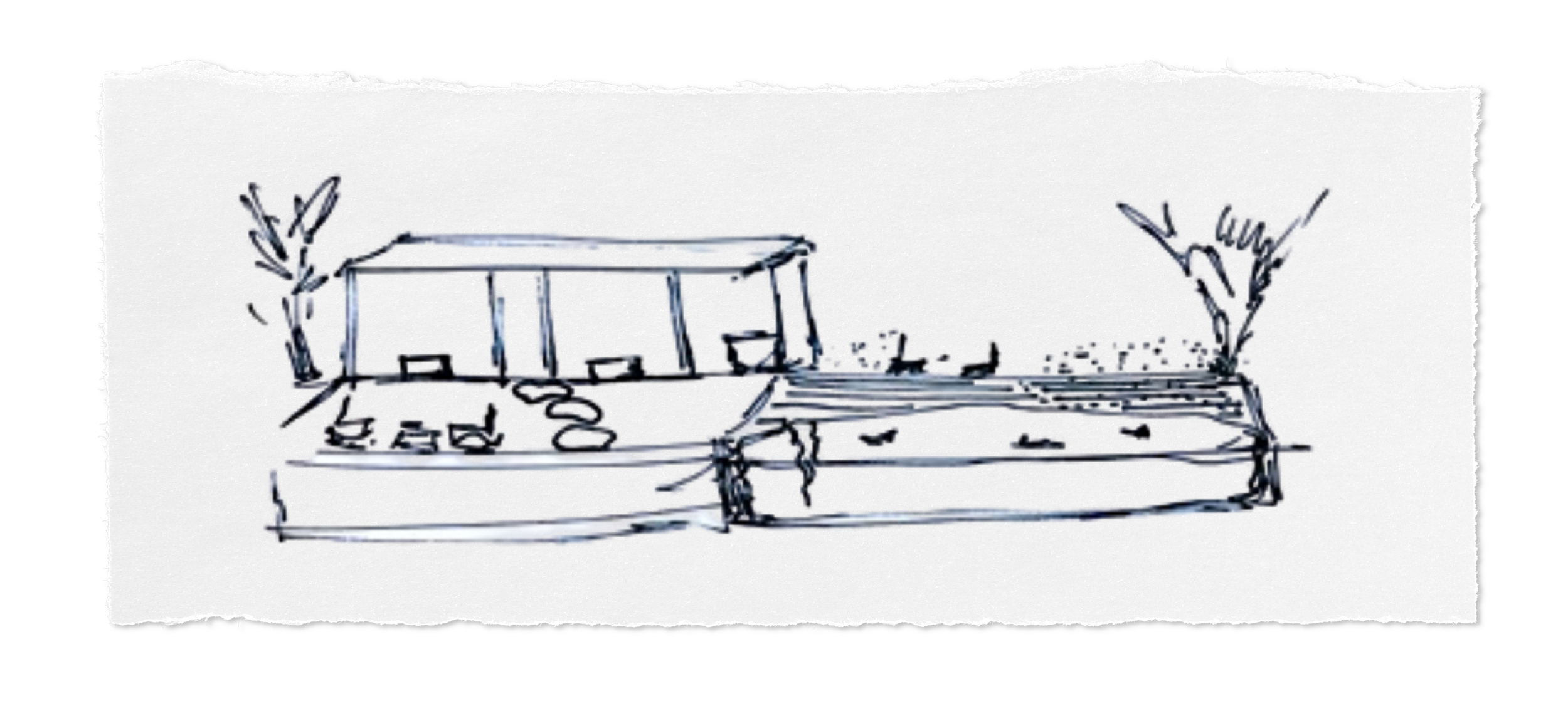 A sketched outdoor scene with a shed, trees, and a garden or pathway, rendered in loose lines.