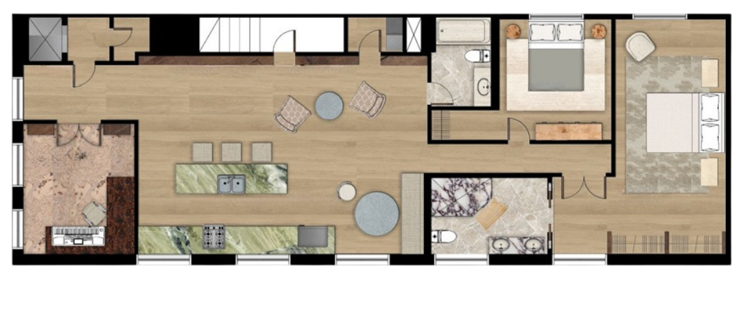 Floor plan of an apartment showing a kitchen, dining area, living room, two bedrooms, and two bathrooms.