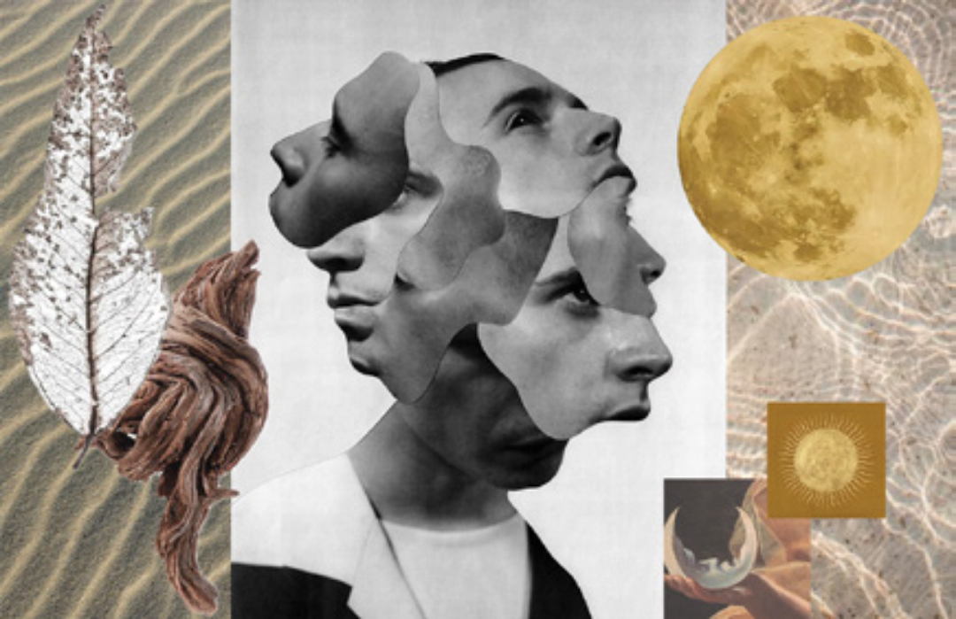 A collage featuring multiple overlapping black and white side-profile portraits of a young man, with various textured backgrounds including a full moon, leaves, sand patterns, and a gold-colored sun icon.