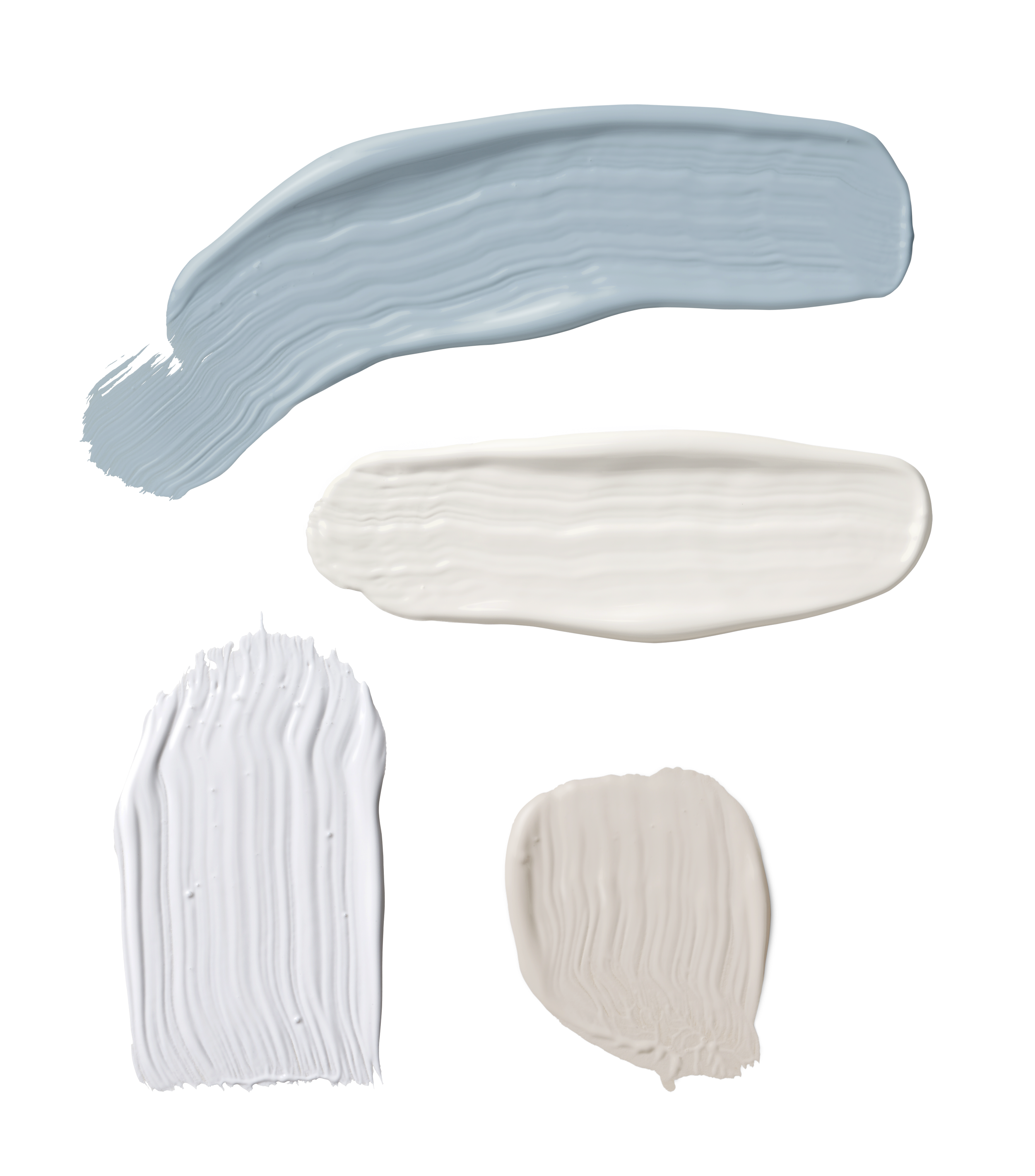Close-up of four different textured cream or paint swatches in shades of white and light blue.