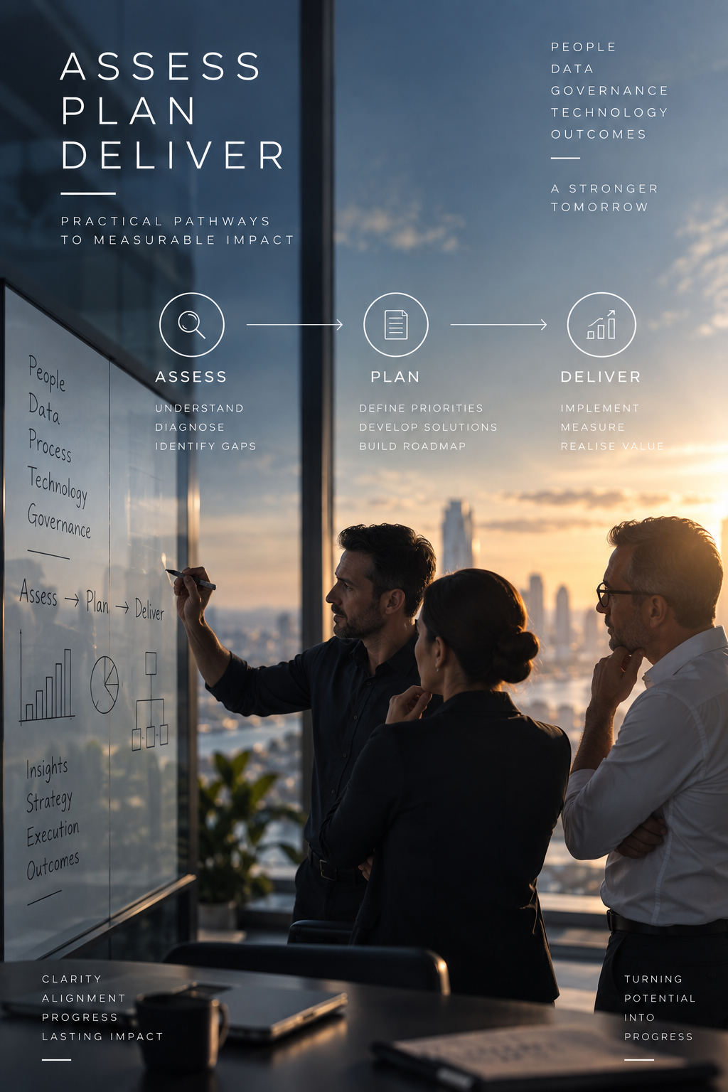 Business team discussing strategies and plans on a whiteboard against a city skyline with a sunset, featuring a workflow diagram for assess, plan, deliver.