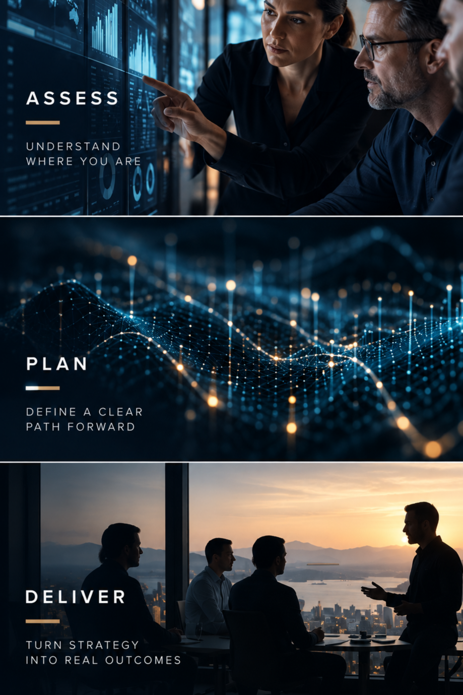 Three panels showing a business meeting. The first panel depicts a woman and a man analyzing data on a touchscreen monitor with the words "Assess: Understand where you are." The second panel shows a digital abstract landscape with the words "Plan: Define a clear path forward." The third panel features a group of four people discussing strategy in a conference room with city views at sunset, with the words "Deliver: Turn strategy into real outcomes."