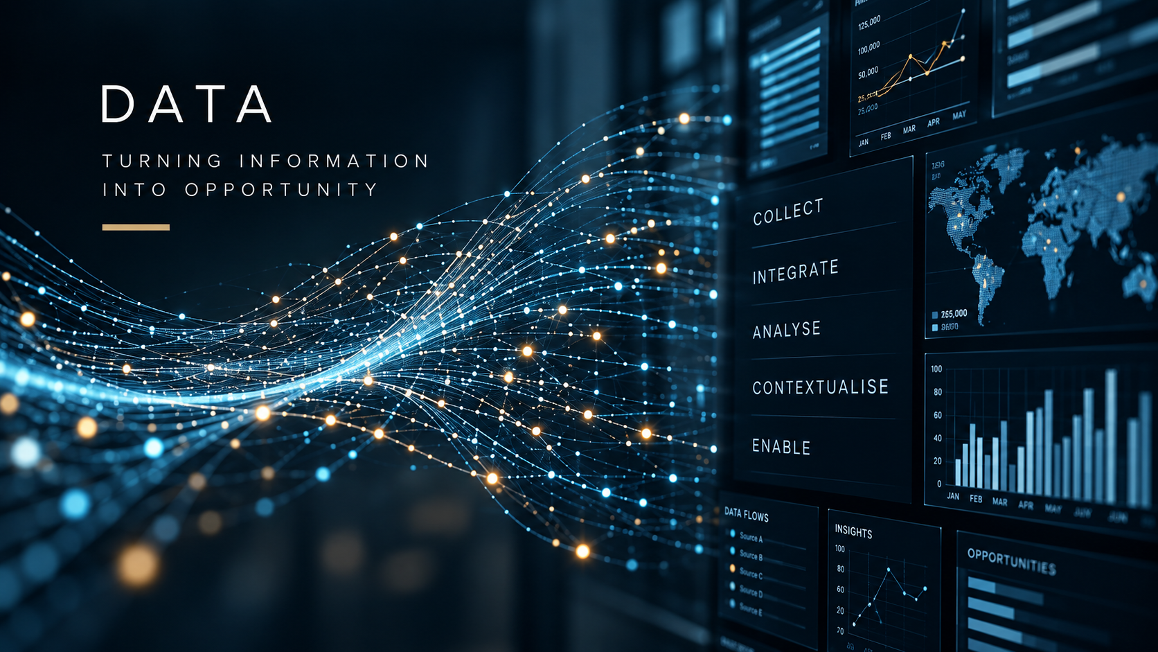 Digital data visualization with graphs, charts, and a world map, illustrating data analysis and insights.