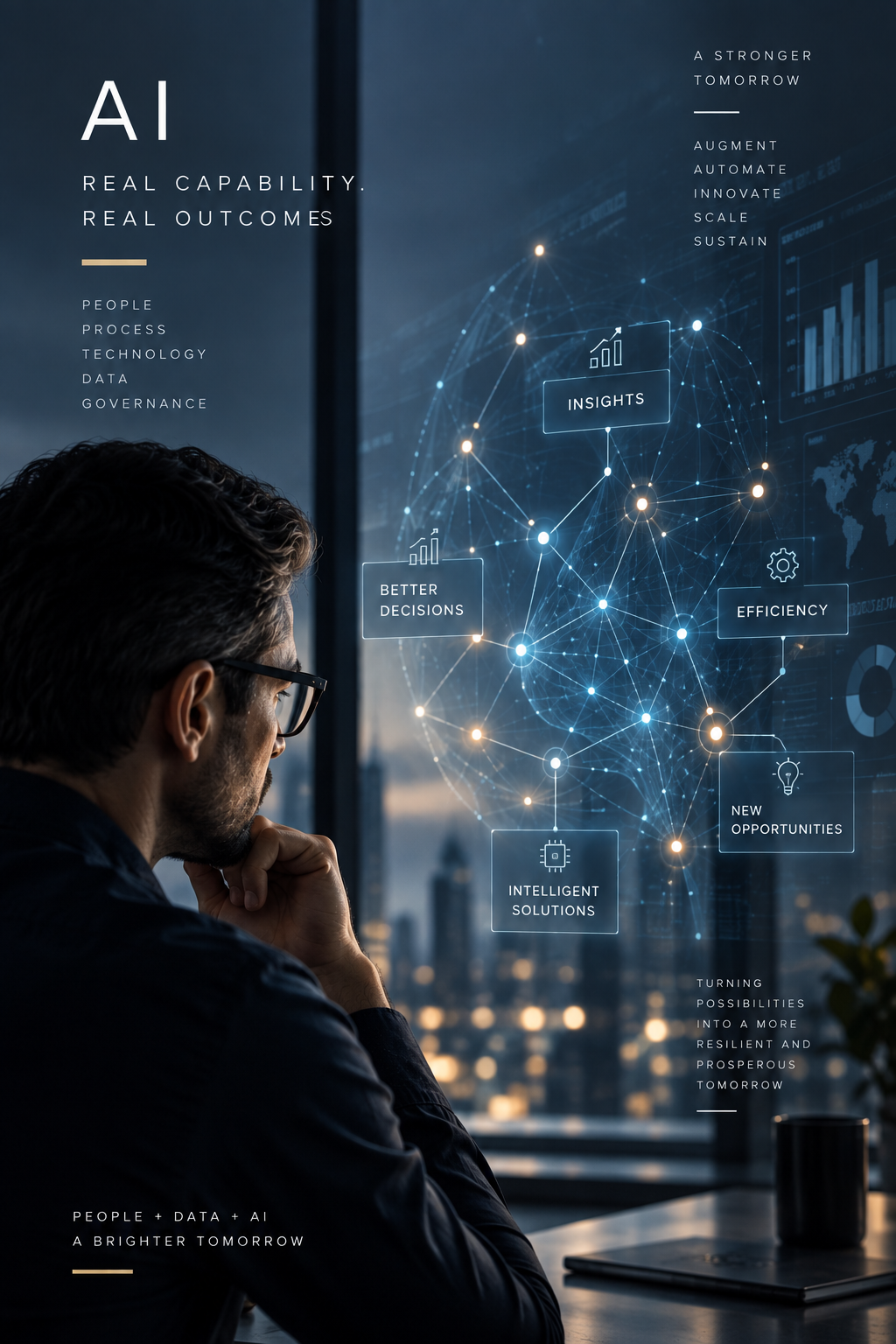 A person wearing glasses looking thoughtfully at a digital display with interconnected nodes and icons representing AI concepts like insights, better decisions, efficiency, intelligent solutions, and new opportunities. The background shows a city skyline through a window.