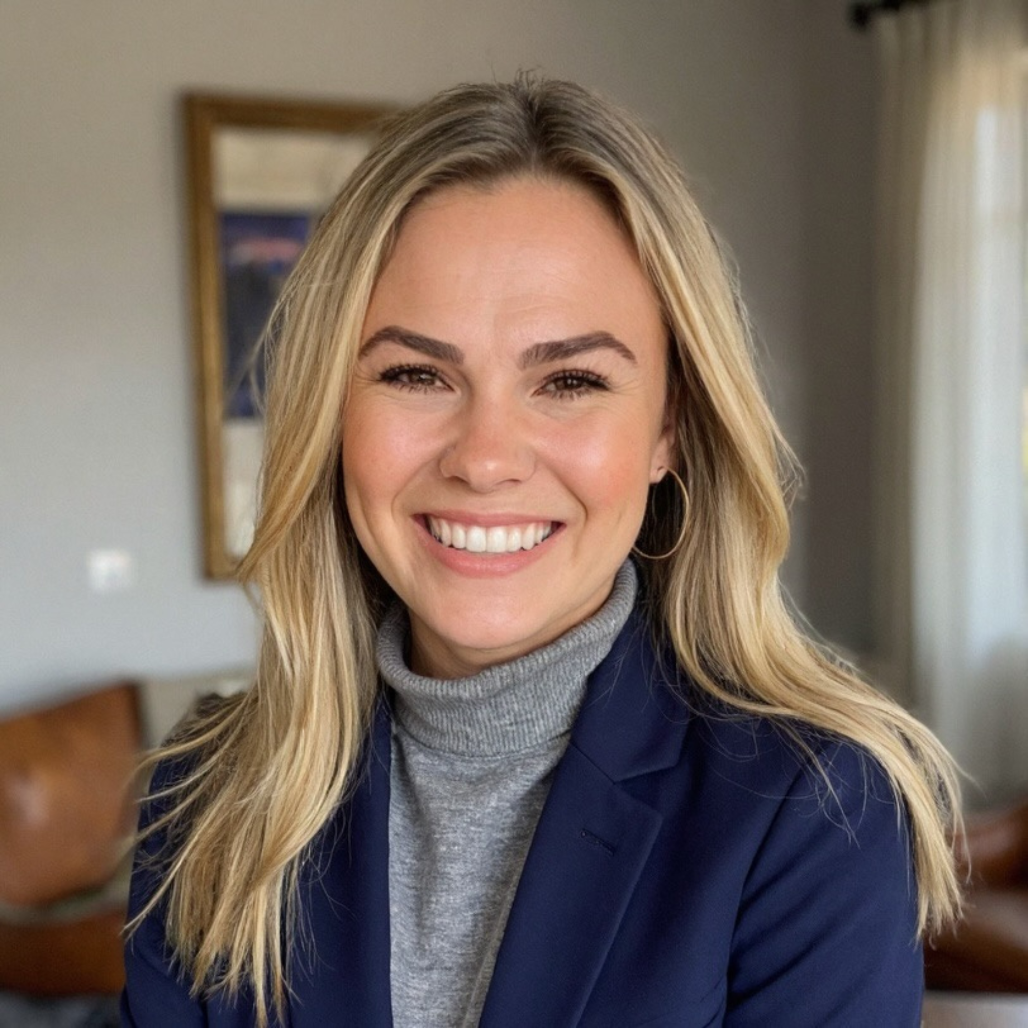 Woman with blonde hair smiling, wearing a gray turtleneck and a dark blazer, in a living room with a blurry framed picture and curtains in the background.
