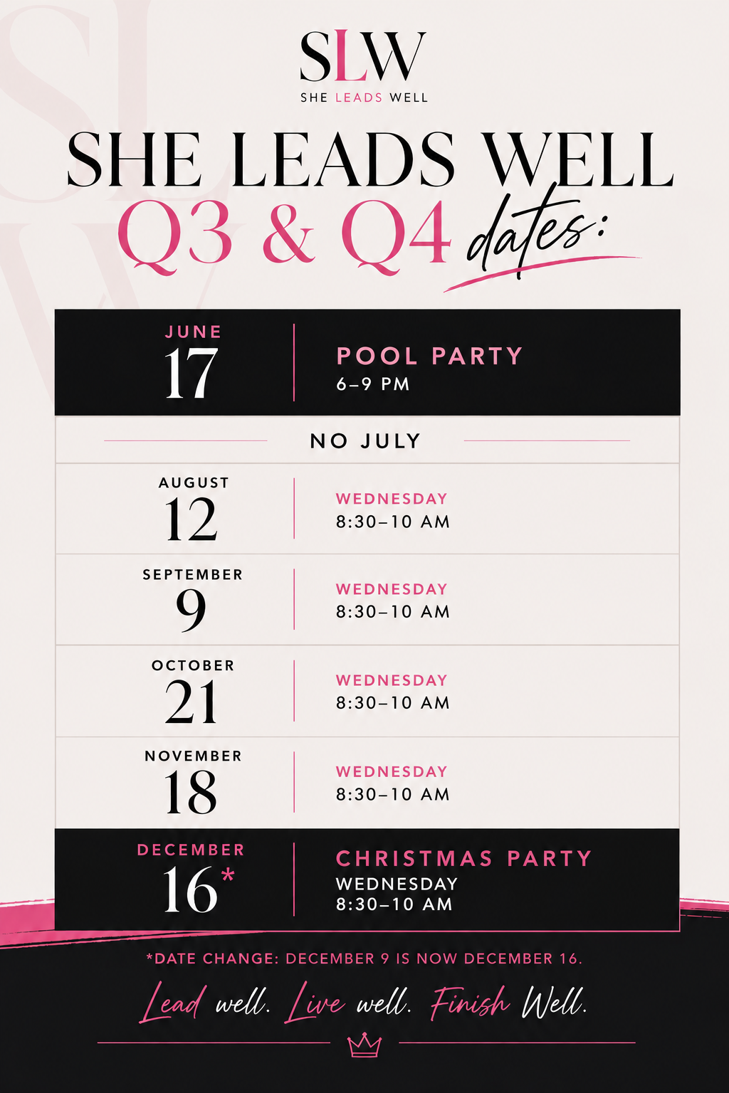 A schedule of women's wellness events listing dates, types of events, and times, including pool party on June 17, weekly Wednesday morning sessions, and a Christmas party on December 16.
