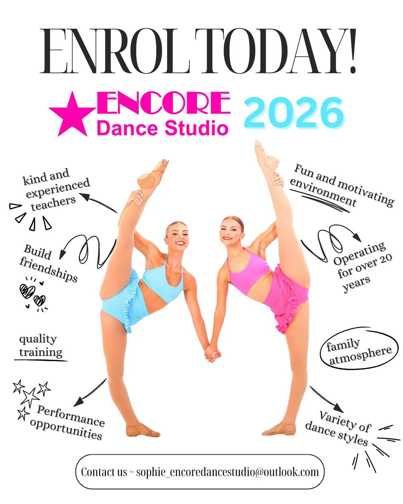 Looking to dance in 2026? 🌟
Encore Dance Studio is now enrolling! 

✔️ Variety of Styles
✔️ Supportive teachers
✔️ Quality training
✔️ Lifelong friendships
✔️ Performance opportunities
✔️ Free trial week

Contact us to enrol today🩷
0414636104
sophi