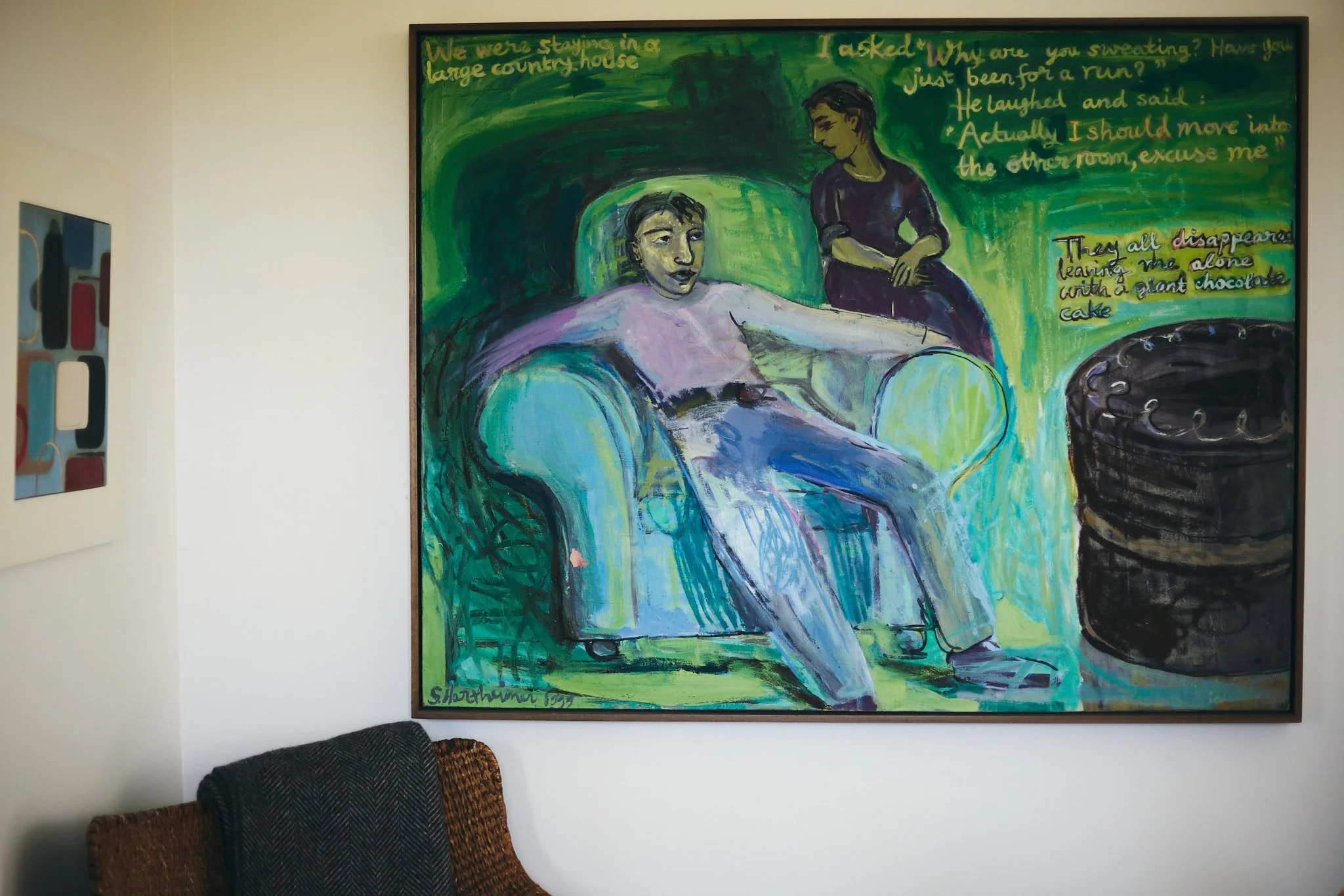 A colorful painting of a man sitting on a chair with a woman standing next to him, in a room with green background, accompanied by handwritten text and a large chocolate cake. The text mentions staying in a country house and a conversation about movi