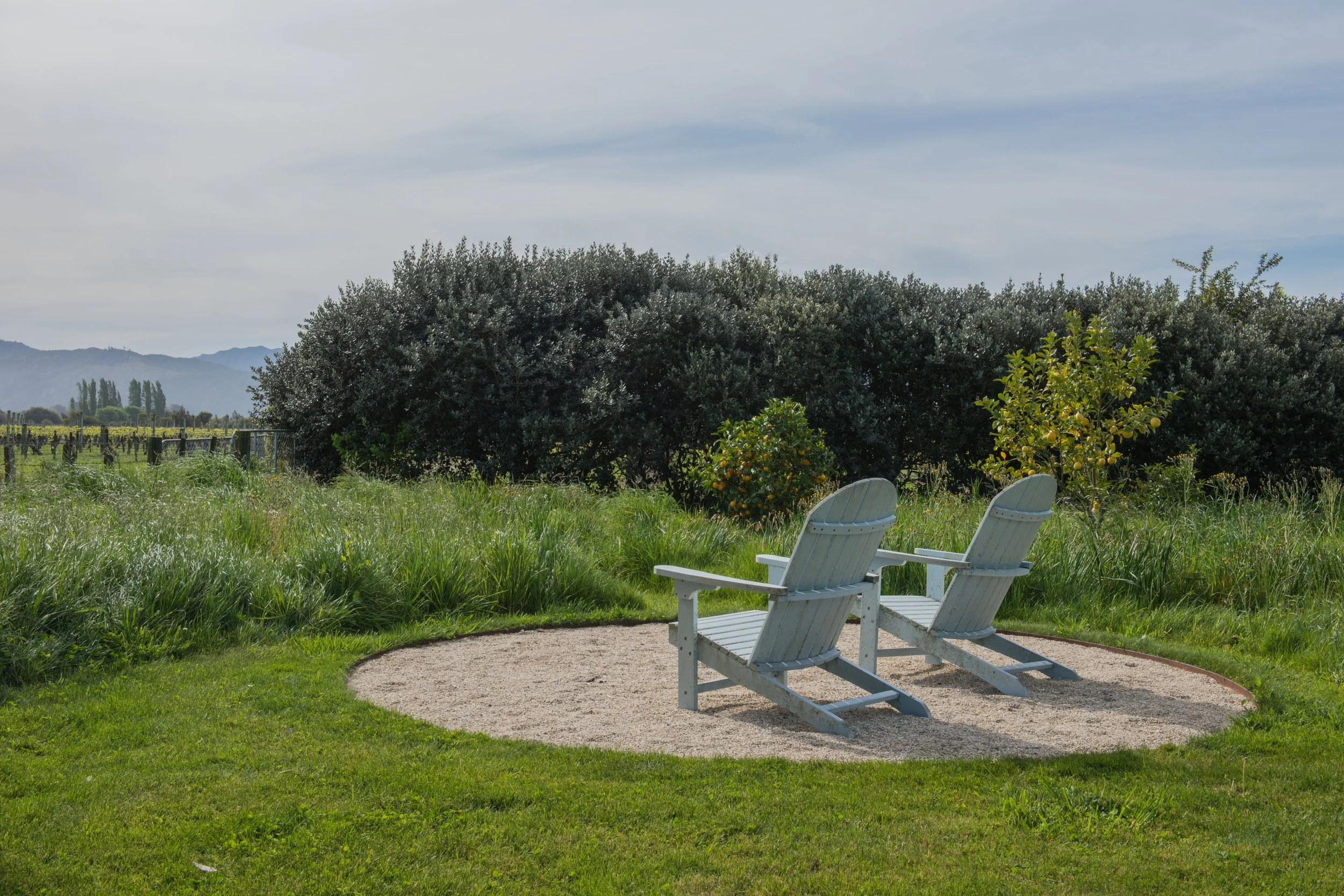 Two white Adirondack chairs on a small gravel area, facing green trees and bushes, with mountains in the background under a cloudy sky.