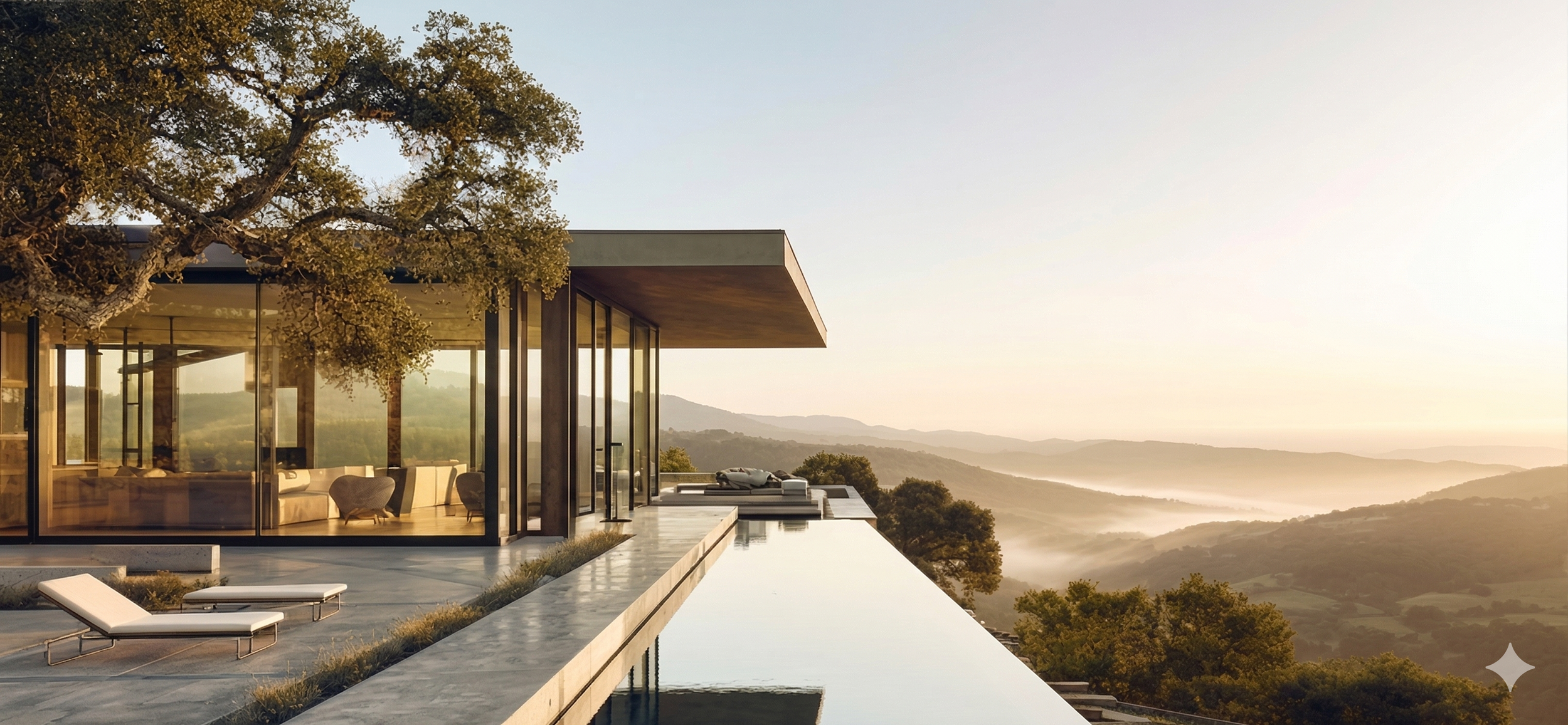 Modern house with glass walls and an infinity pool overlooking a valley at sunset.