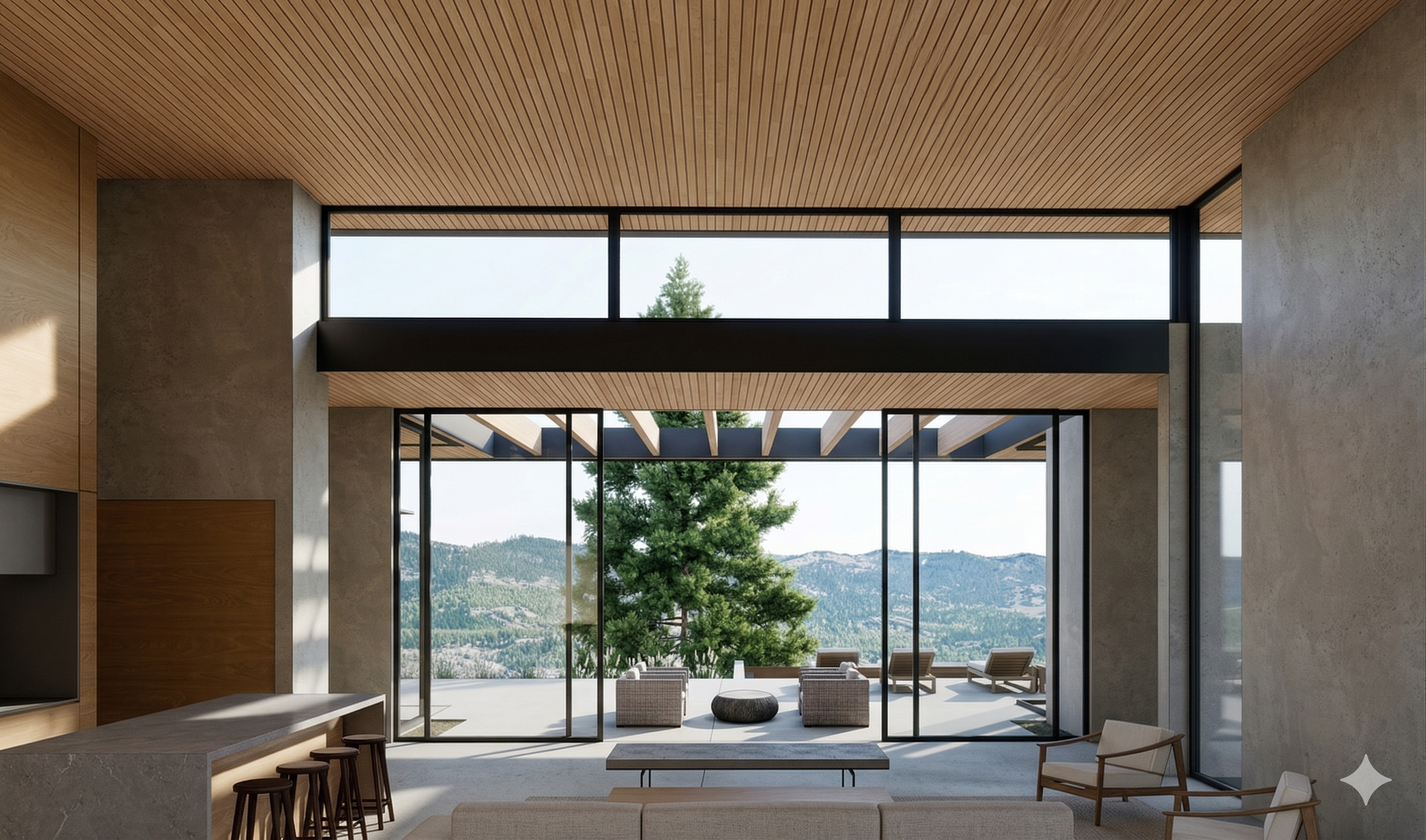 Modern living room with large glass sliding doors opening to outdoor patio with seating, overlooking mountains and pine trees, with a wooden ceiling and concrete walls.