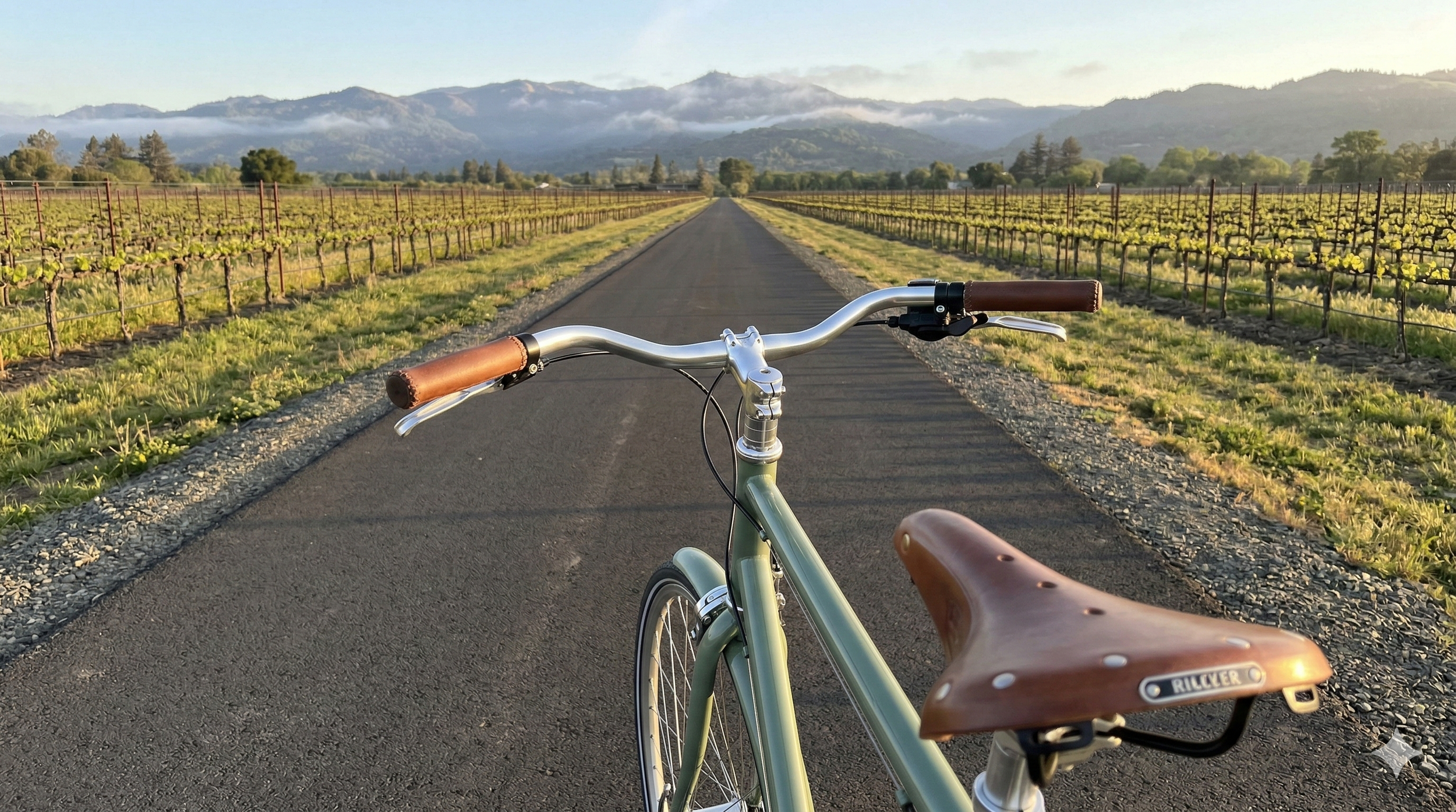 A bicycle on a paved rural road with rows of grapevines and mountains in the background.