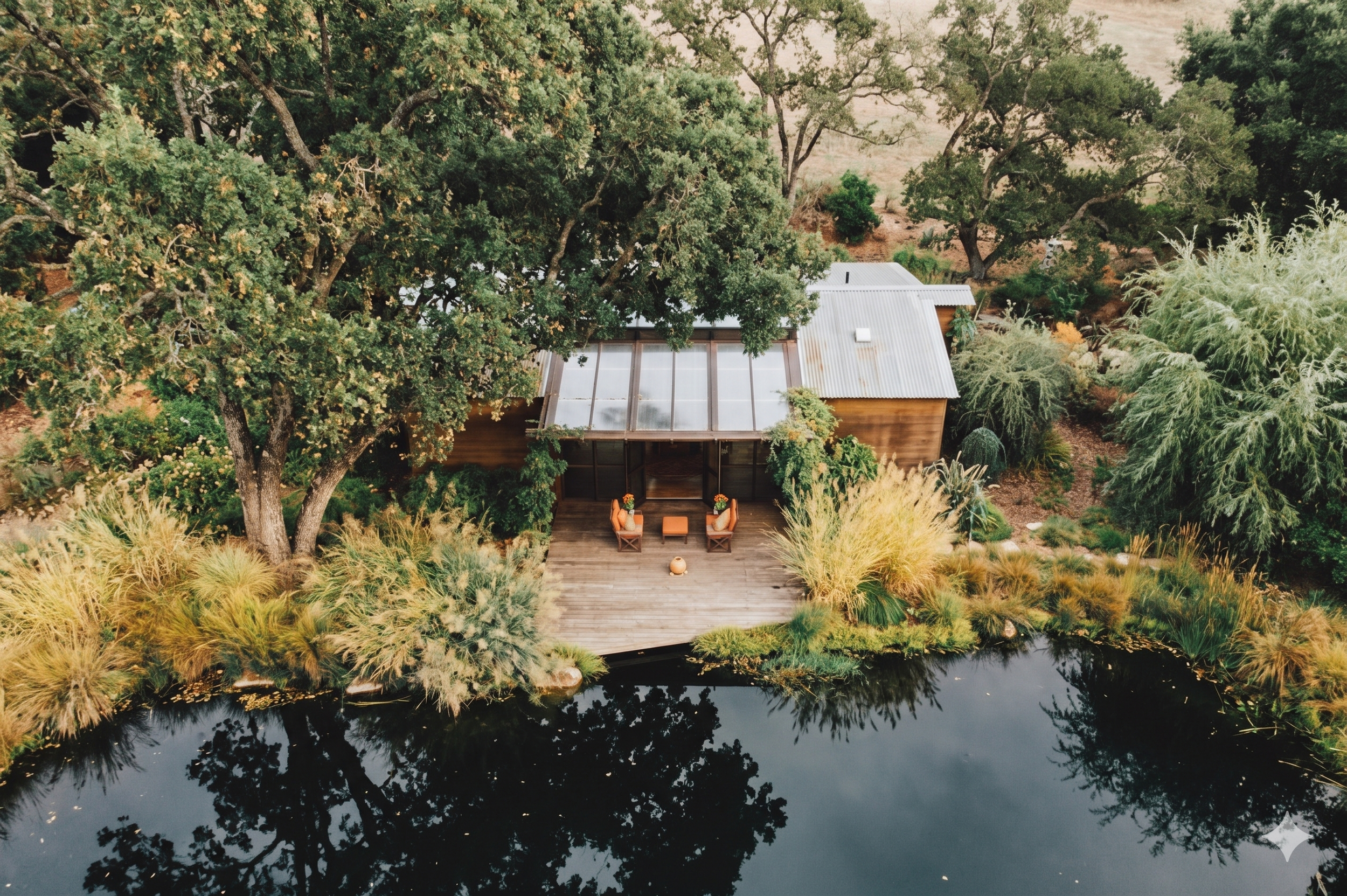 A house with a metal roof surrounded by large trees and lush greenery, situated by a body of water, with a wooden deck and chairs outside.