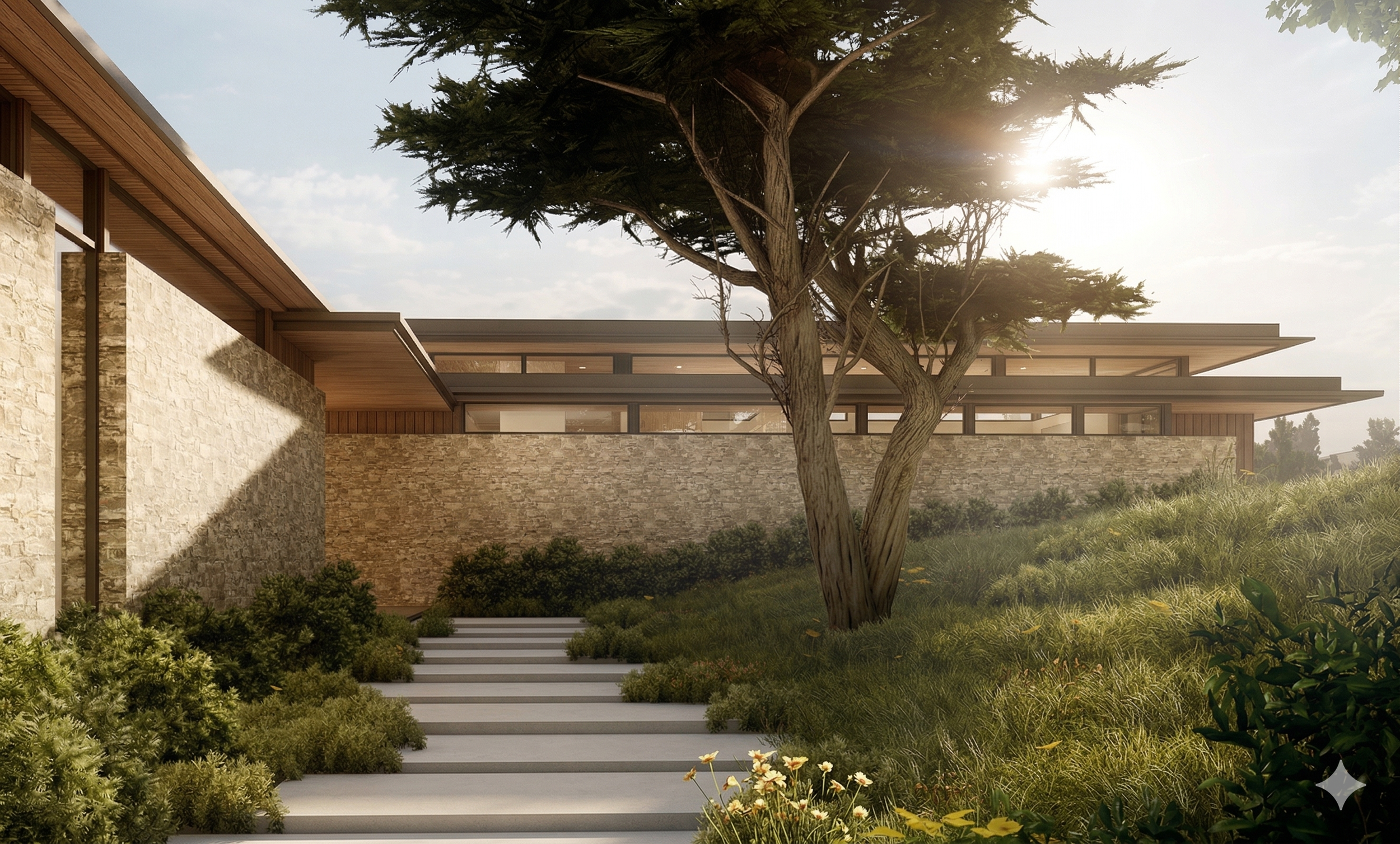Modern house with stone and wood exterior, large windows, surrounded by landscaping, with a tree in the foreground and sunlight filtering through the branches.