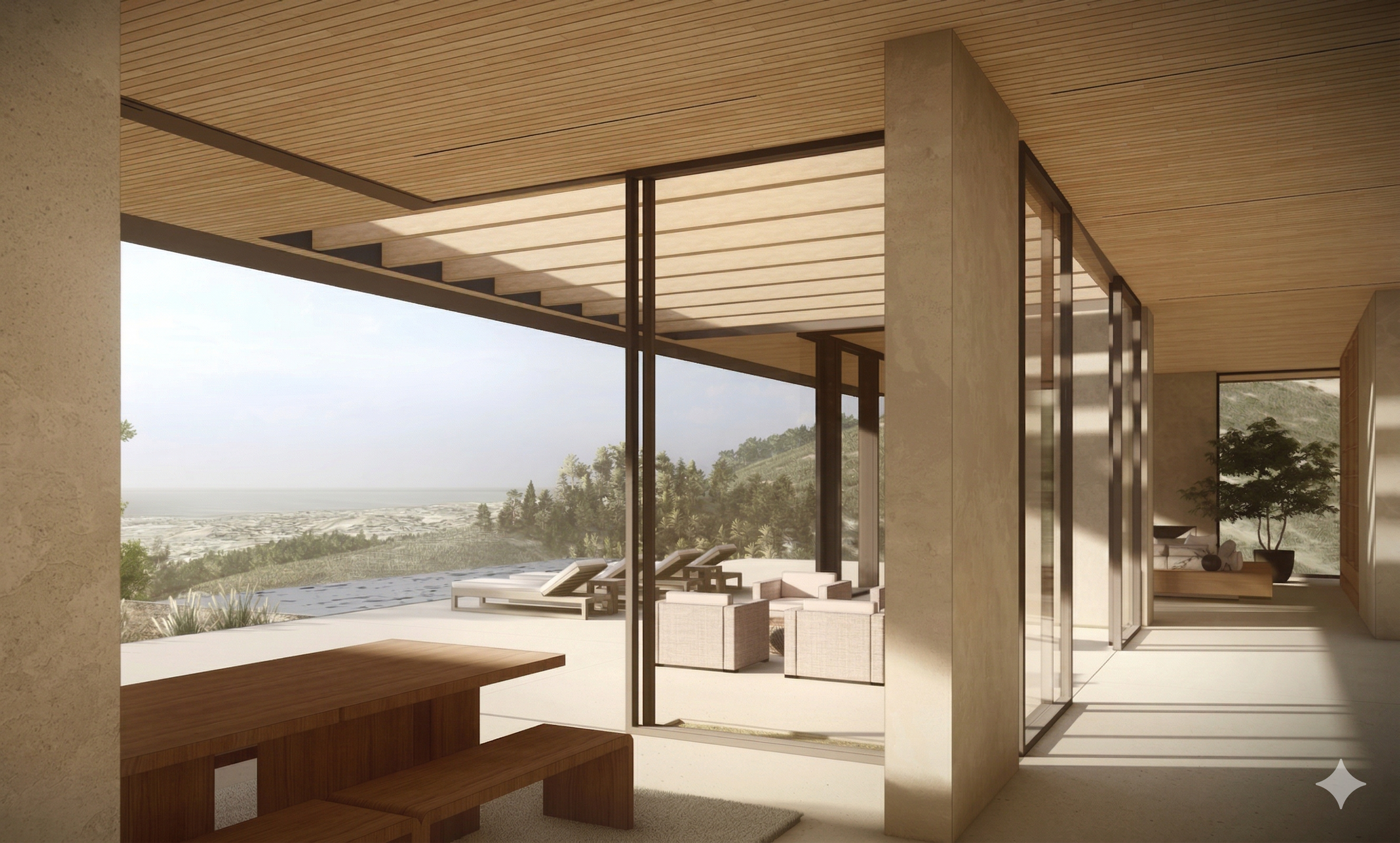 Modern open-concept living space with large glass sliding doors leading outside to a patio with lounge chairs, overlooking a hillside landscape with trees and distant views.