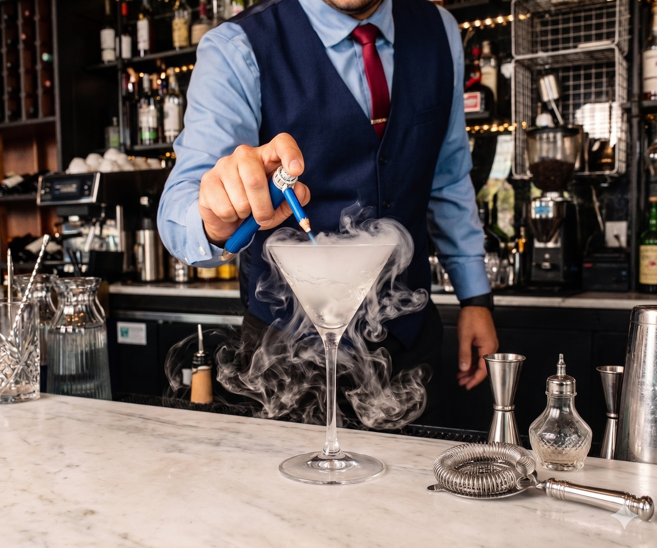 A bartender adds dry ice to a cocktail in a martini glass, creating smoke and vapor. The bartender is wearing a dress shirt, a velvet vest, and a tie, with shelves of liquor bottles and bar tools in the background. The scene is set in a bar or restaurant.