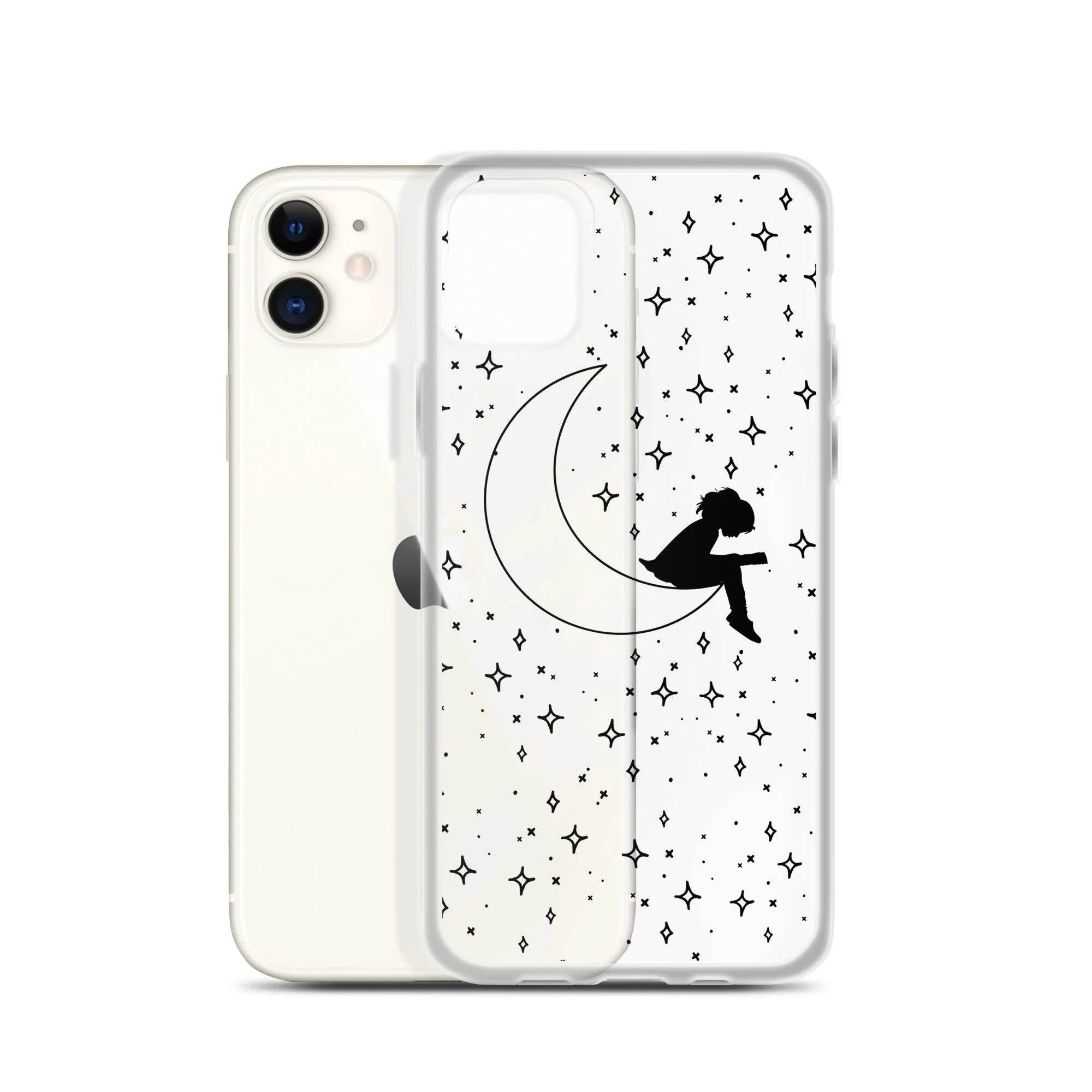 Clear Case for iPhone® – Girl on the Moon Reading (Black Design)