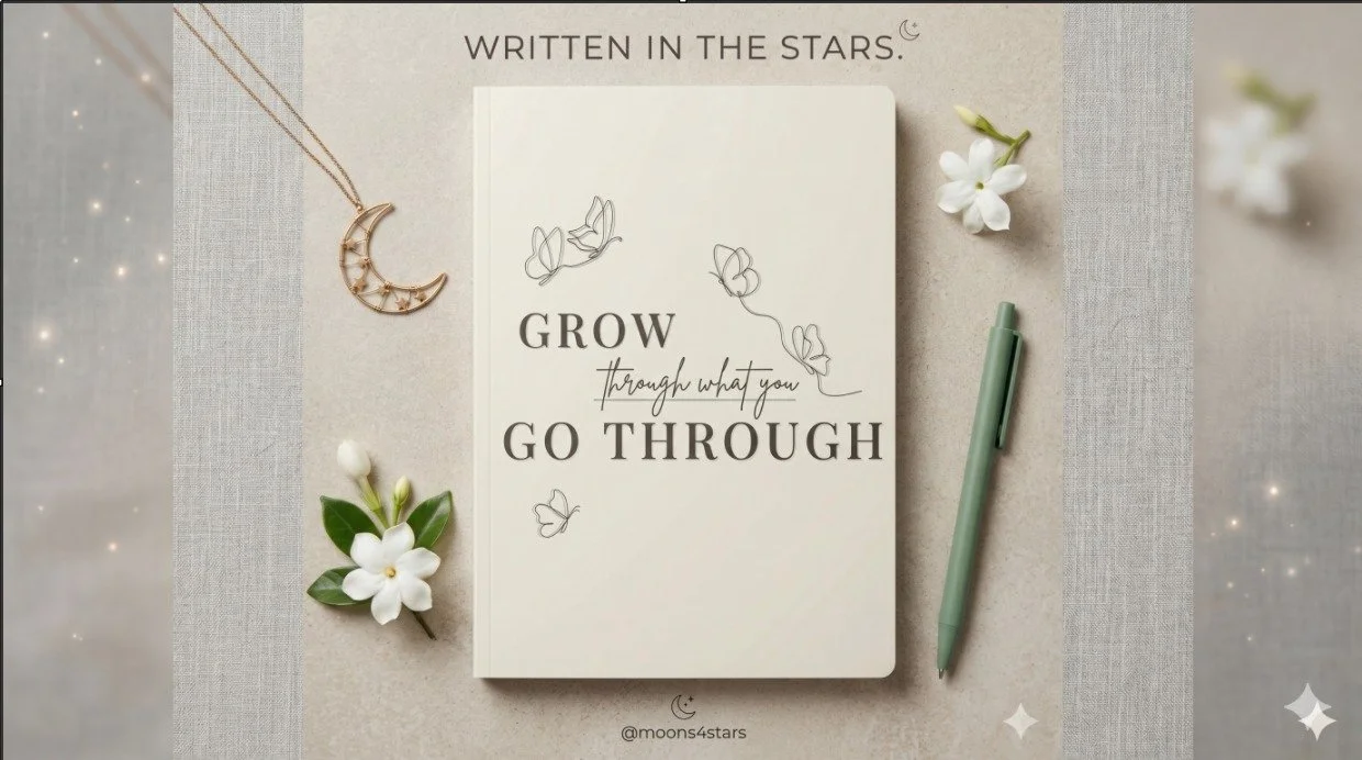 A flat lay of a motivational quote book with the message 'GROW through what you GO THROUGH', surrounded by white flowers, a green pen, a moon-shaped necklace, and a star-shaped decoration on a textured surface. The background includes a light-colored