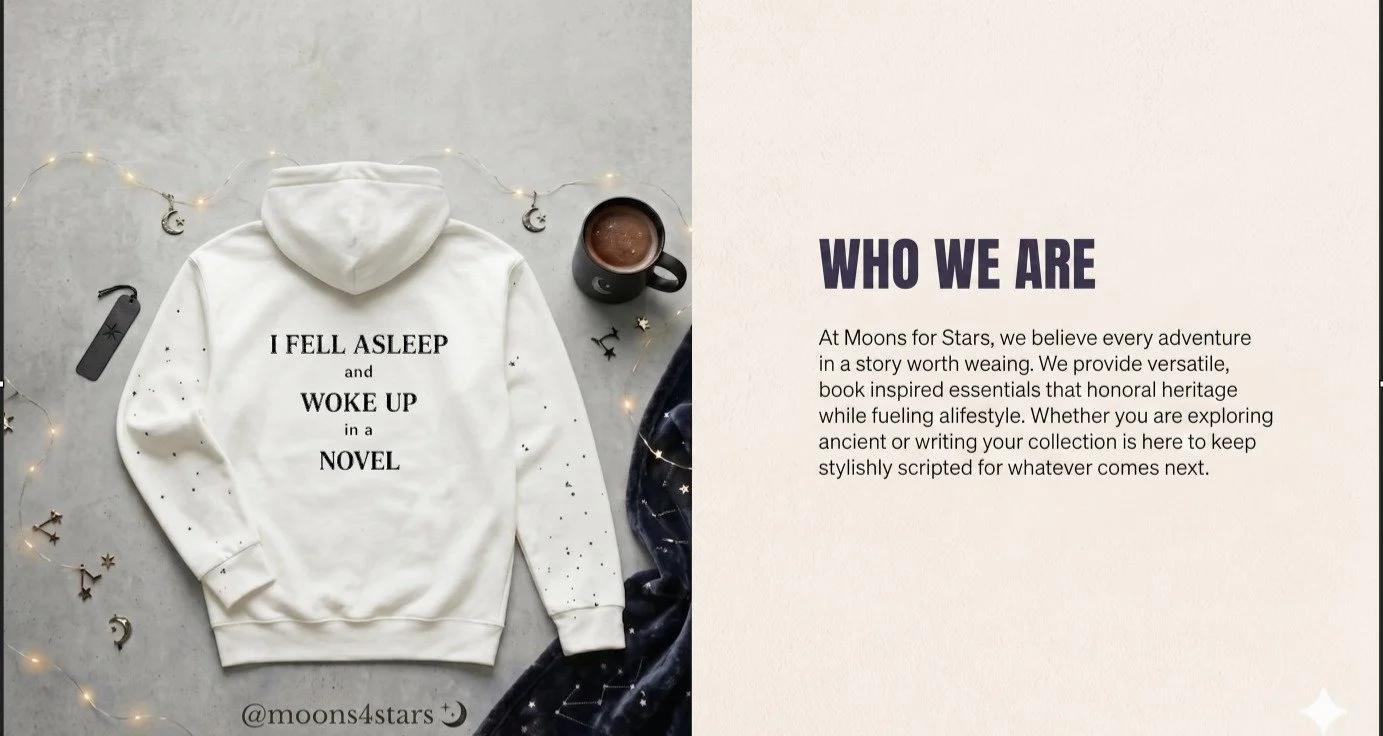 A white hoodie with the text "I FELL ASLEEP AND WOKE UP IN A NOVEL" laid flat on a gray surface. Small decorative lights, moon, and star-themed charms surround it. To the right, there is a paragraph describing the organization 'Moons for Stars' and i