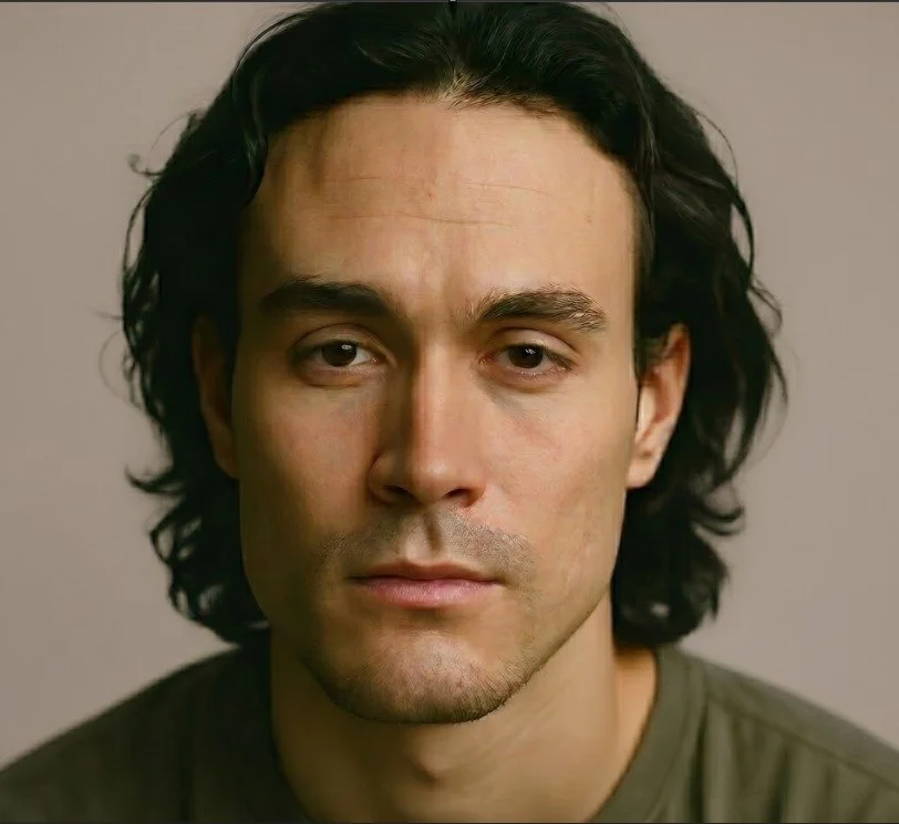 Close-up portrait of a man with shoulder-length dark hair, fair skin, and a neutral expression, wearing a green shirt against a plain background.