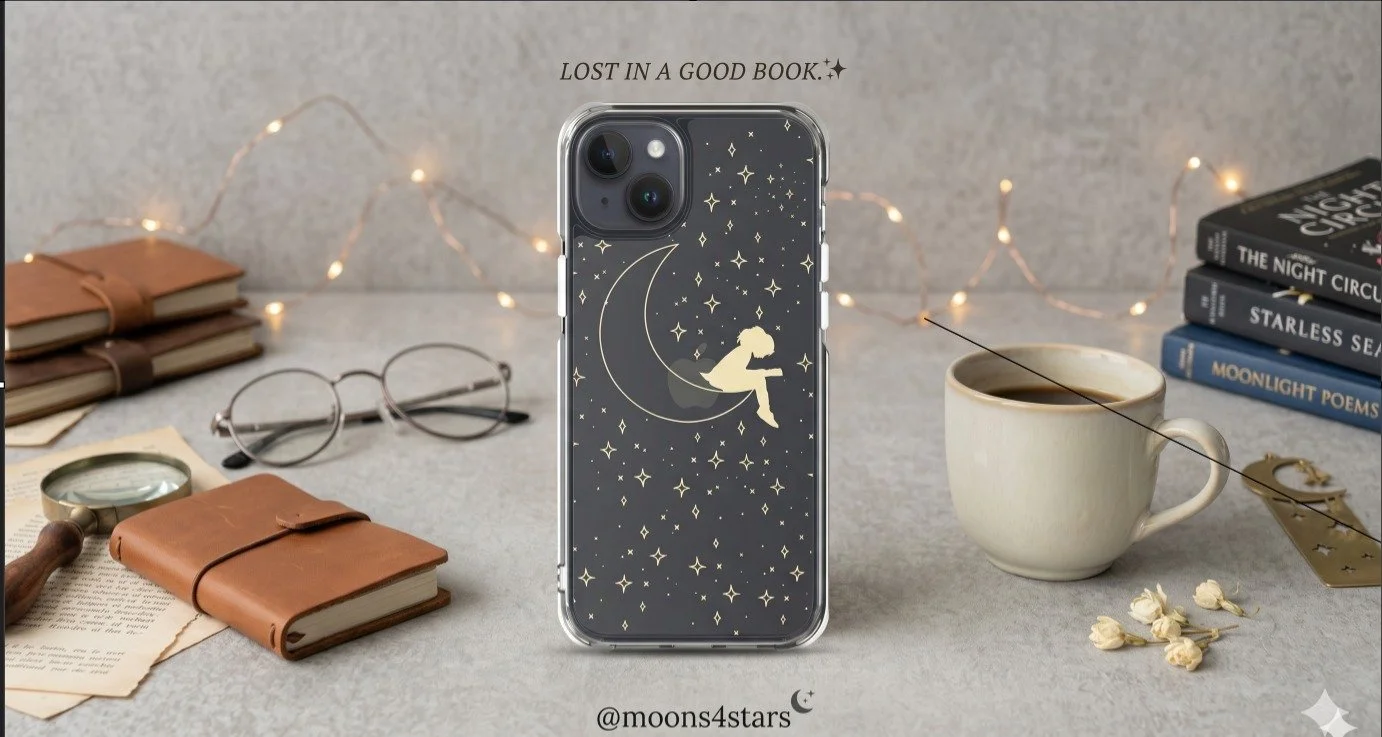 A phone with a starry night sky and moon design, placed on a desk with books, glasses, a magnifying glass, a cup of coffee, and fairy lights.