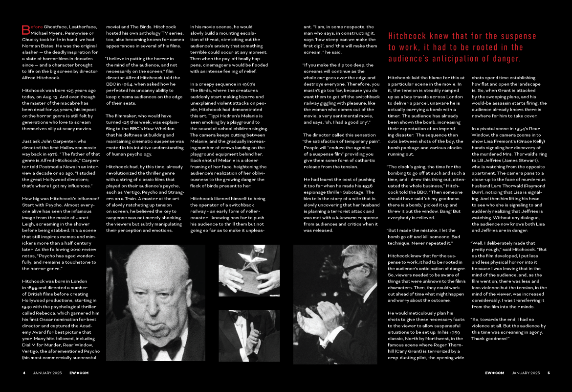 Two black and white photographs of Alfred Hitchcock included in a magazine article. One is a close-up of Hitchcock's face, and the other shows him clapping while wearing glasses.