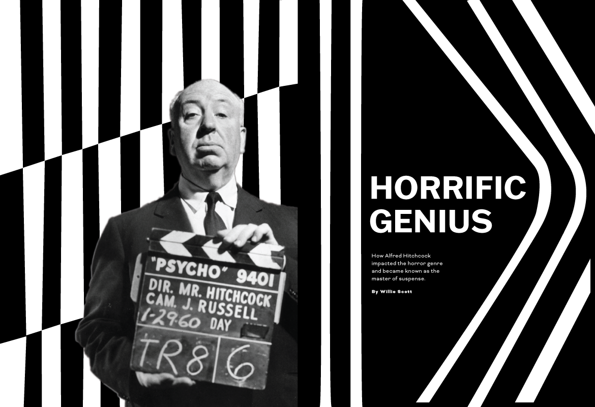 Black and white photo of Alfred Hitchcock holding a film slate, standing against a background of black and white striped and curved lines. The image is part of a magazine or article titled "Horrific Genius".