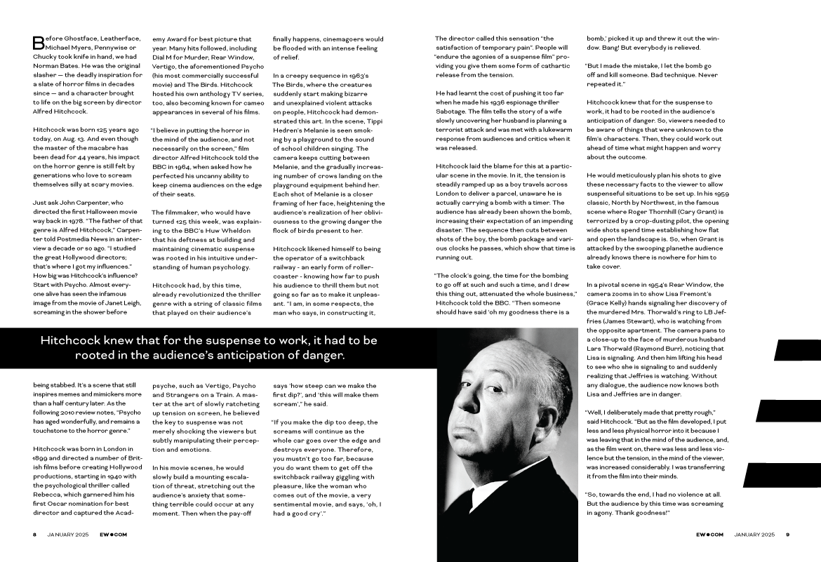 A two-page magazine article about Alfred Hitchcock's films, featuring a black-and-white portrait of Hitchcock.