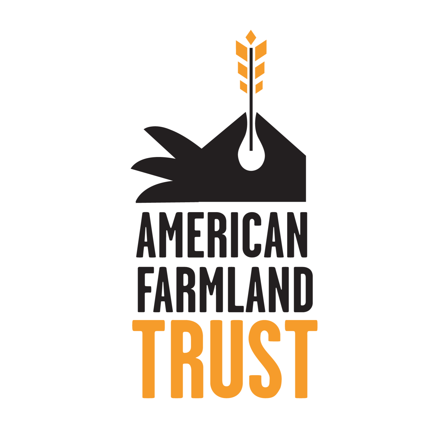 Logo for American Farmland Trust featuring a stylized black hand holding a plant with an orange ear of wheat, and the words "AMERICAN FARMLAND TRUST" with "TRUST" in orange and the rest in black.