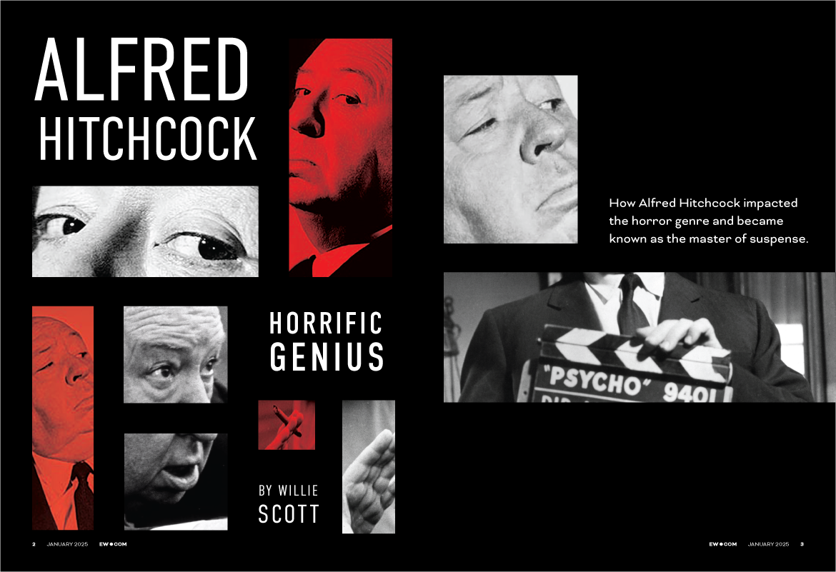 A collage featuring black and white and red-tinted images of Alfred Hitchcock, with text about his impact on the horror genre and a black-and-white scene from a film with a man holding a clapperboard labeled 'Psycho'.