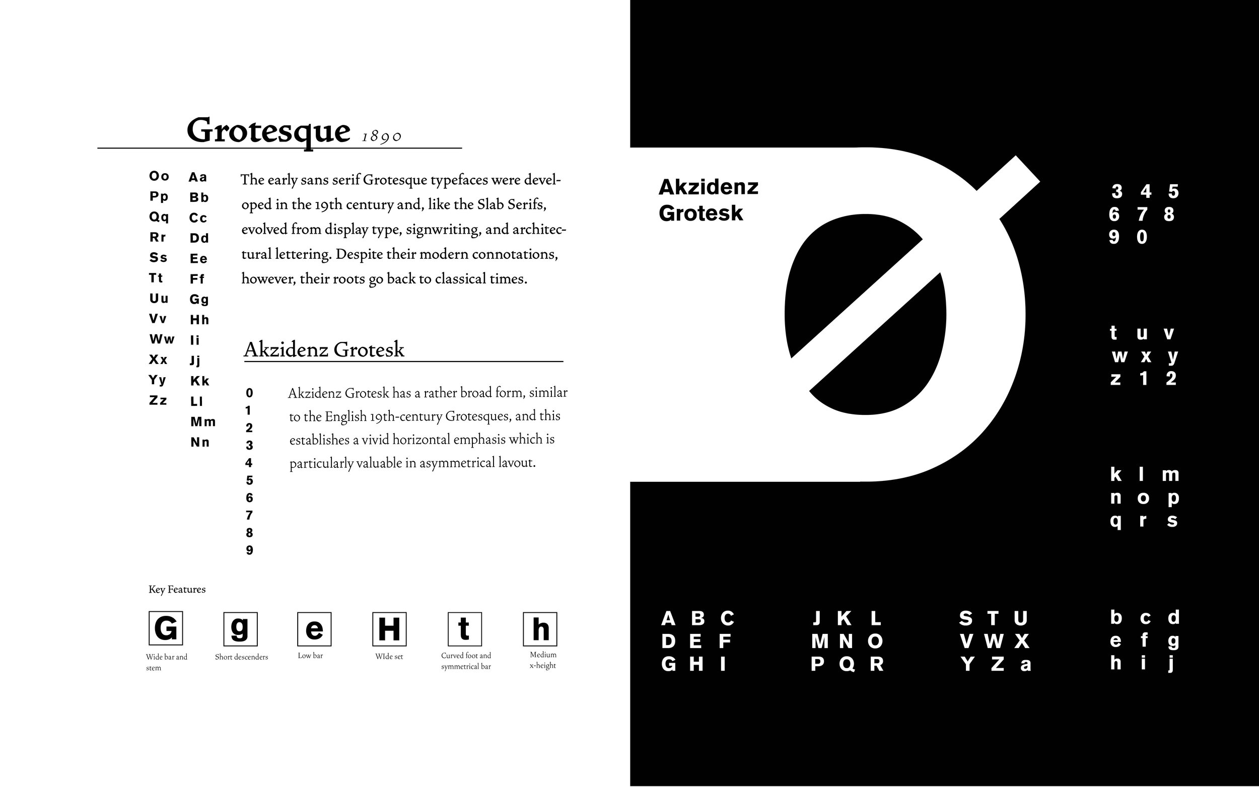 An infographic comparing two typefaces, Grotesque and Akzidenz Grotesk. The left side features a sample of the Grotesque alphabet with descriptions and key features, while the right side displays the Akzidenz Grotesk character set with numbers and lowercase letters.