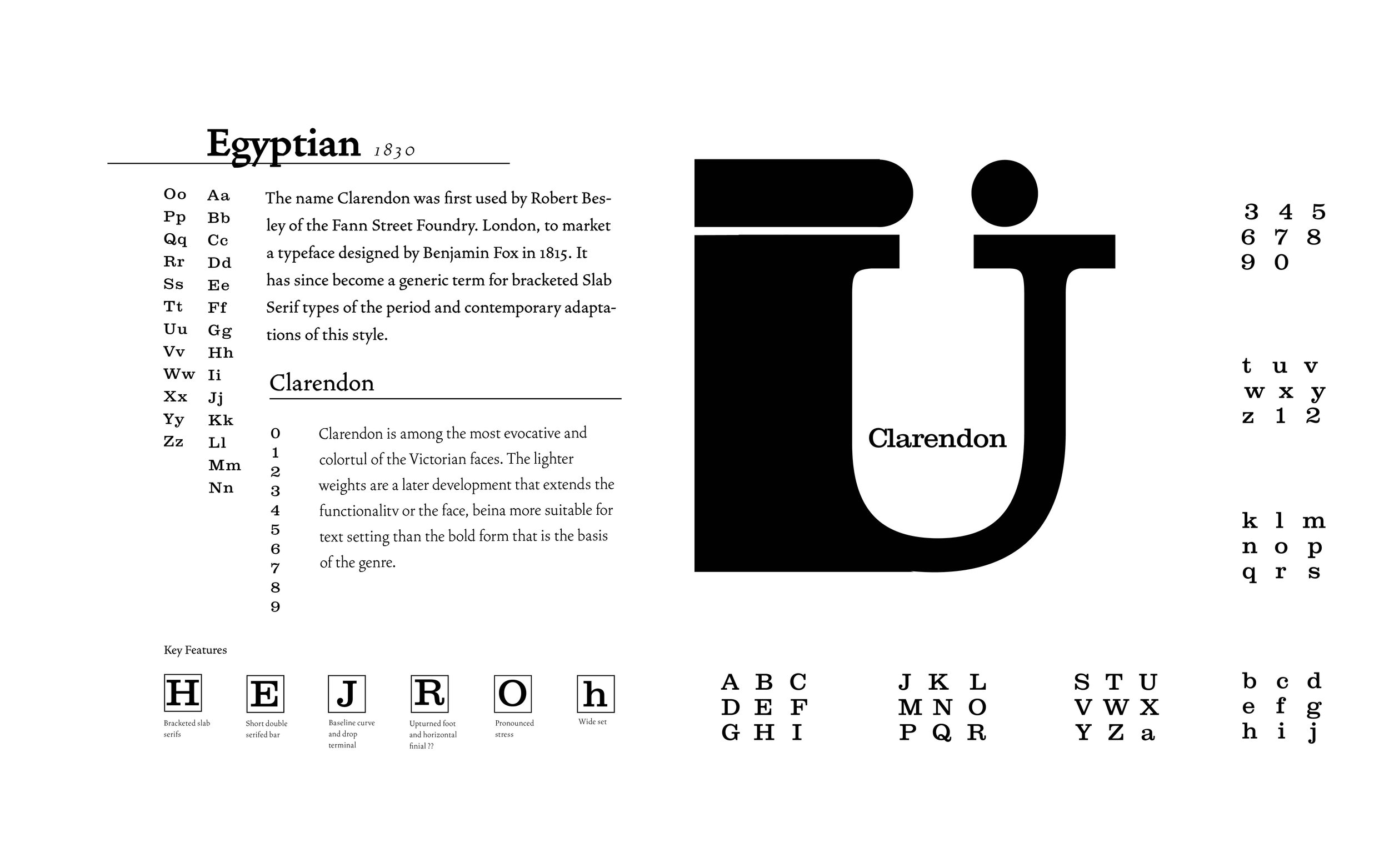 A black and white informational graphic about the Egyptian typeface Clarendon. It features the name 'Clarendon' in large letters, a large black silhouette of the letter 'J', and displays alphabets, numbers, and key features of the font style.