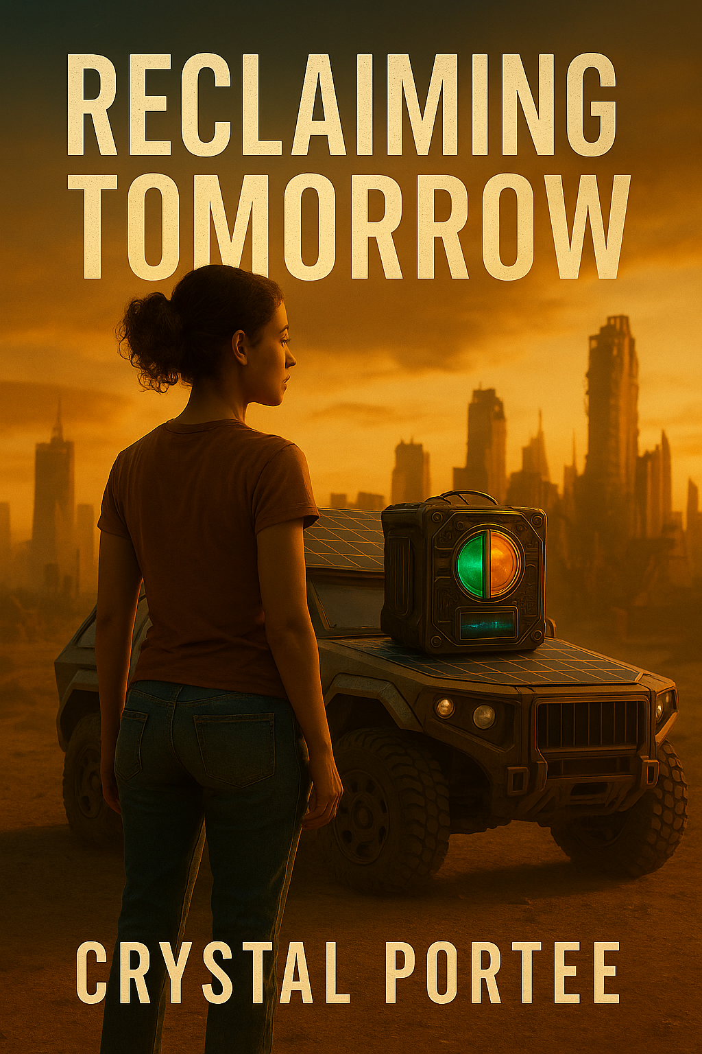 A woman standing in front of a futuristic vehicle with a city skyline in the background during sunset. The title 'Reclaiming Tomorrow' and the author's name 'Crystal Portee' are visible.