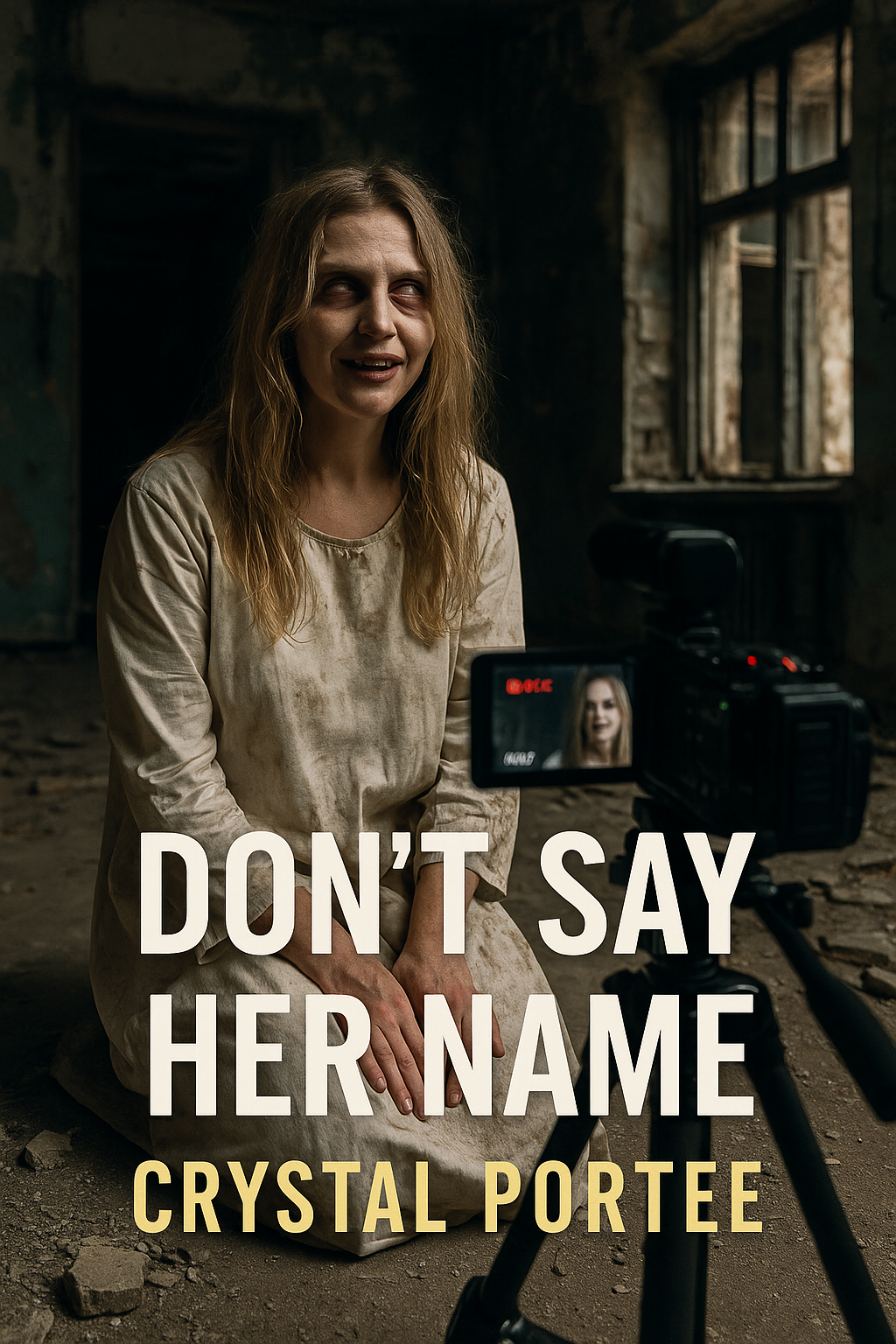 A woman with long, wavy blonde hair and a distressed expression, sitting on the floor of a dilapidated room with peeling paint and broken windows, being filmed with a camera. The text on the image reads, "DON'T SAY HER NAME CRYSTAL PORTEE."