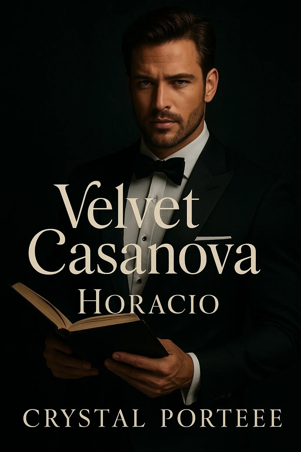 Book cover featuring a man in a tuxedo holding an open book, with the title 'Velvet Casanova' by Horacio Crystal Portee.