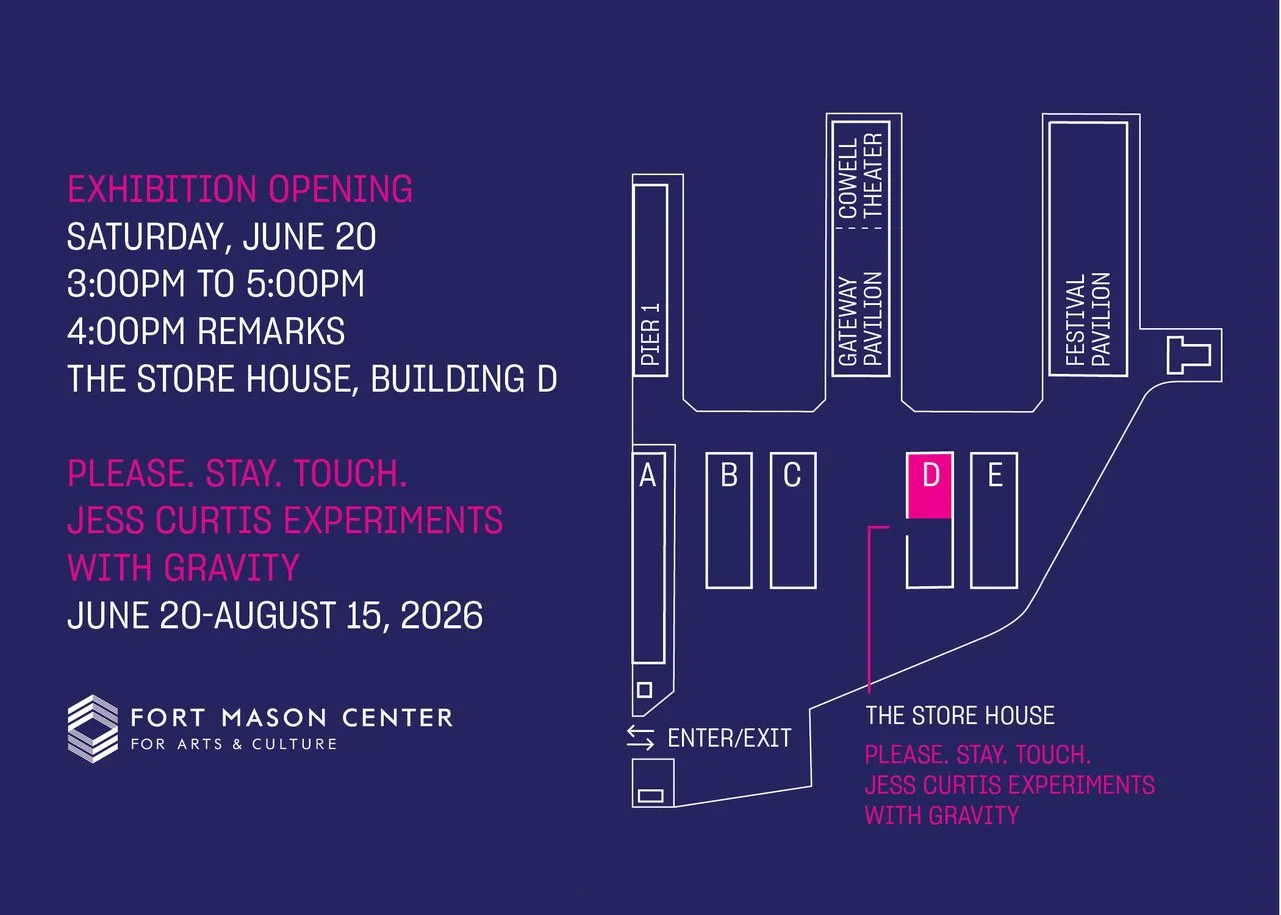 Map of Fort Mason with text detailing the exhibition opening. This text is written on the right of this image in the event description.