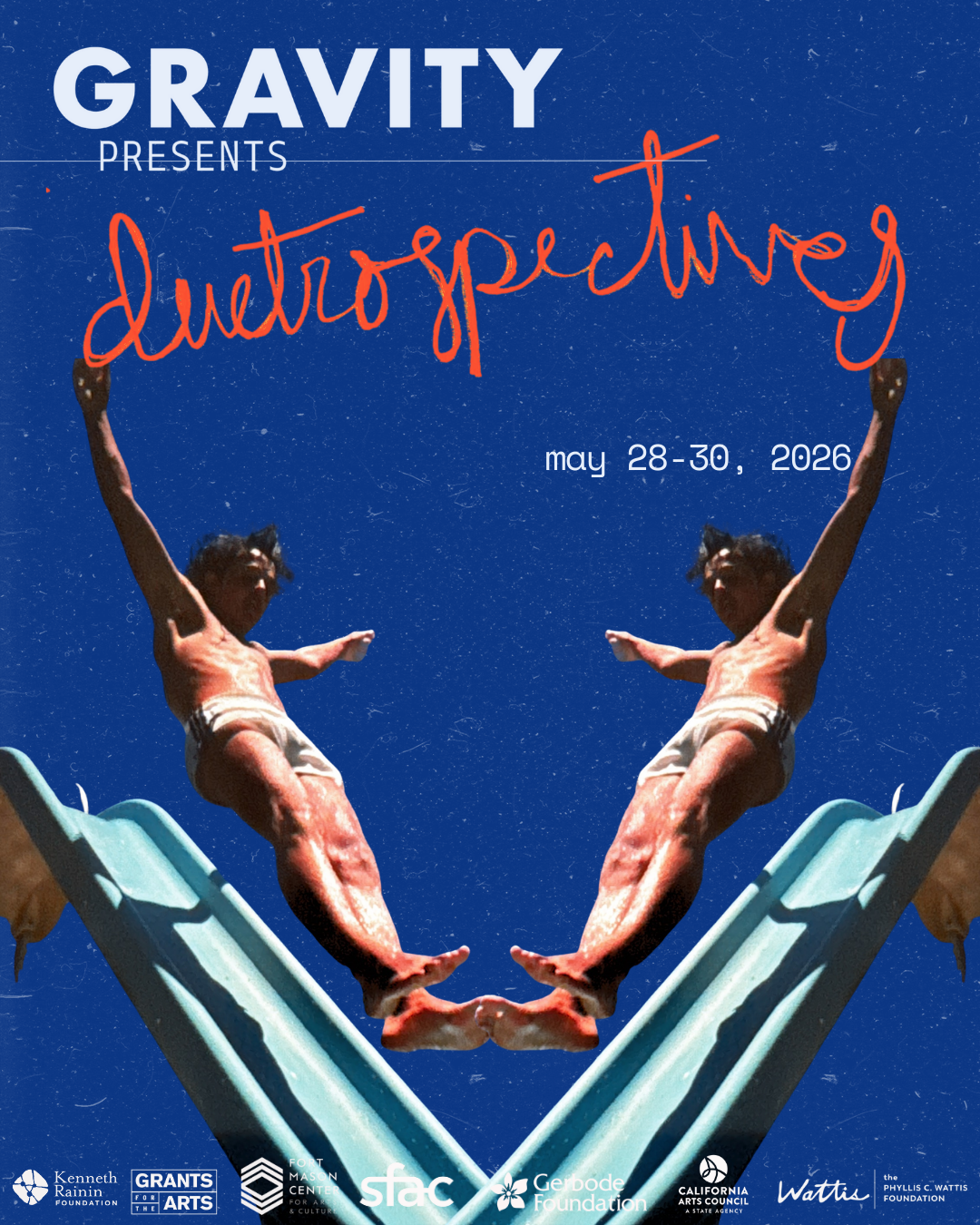 A mirror image of young Jess sliding down a teal slide, text reads duetrospectives may 28-30, 2026