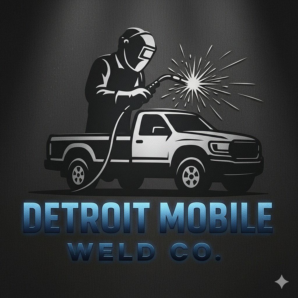 A stylized graphic of a person welding on a pickup truck with sparks flying, accompanied by blue neon-style text that reads 'Detroit Mobile Weld Co.'
