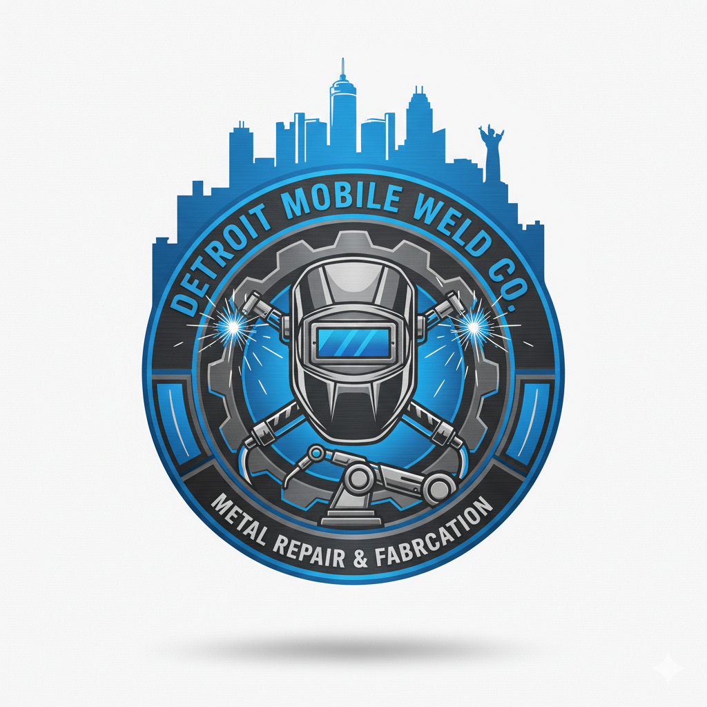 Logo for Detroit Mobile Weld Co. featuring a welding helmet, robotic arm, and a city skyline in the background with the text 'Metal Repair & Fabrication'.