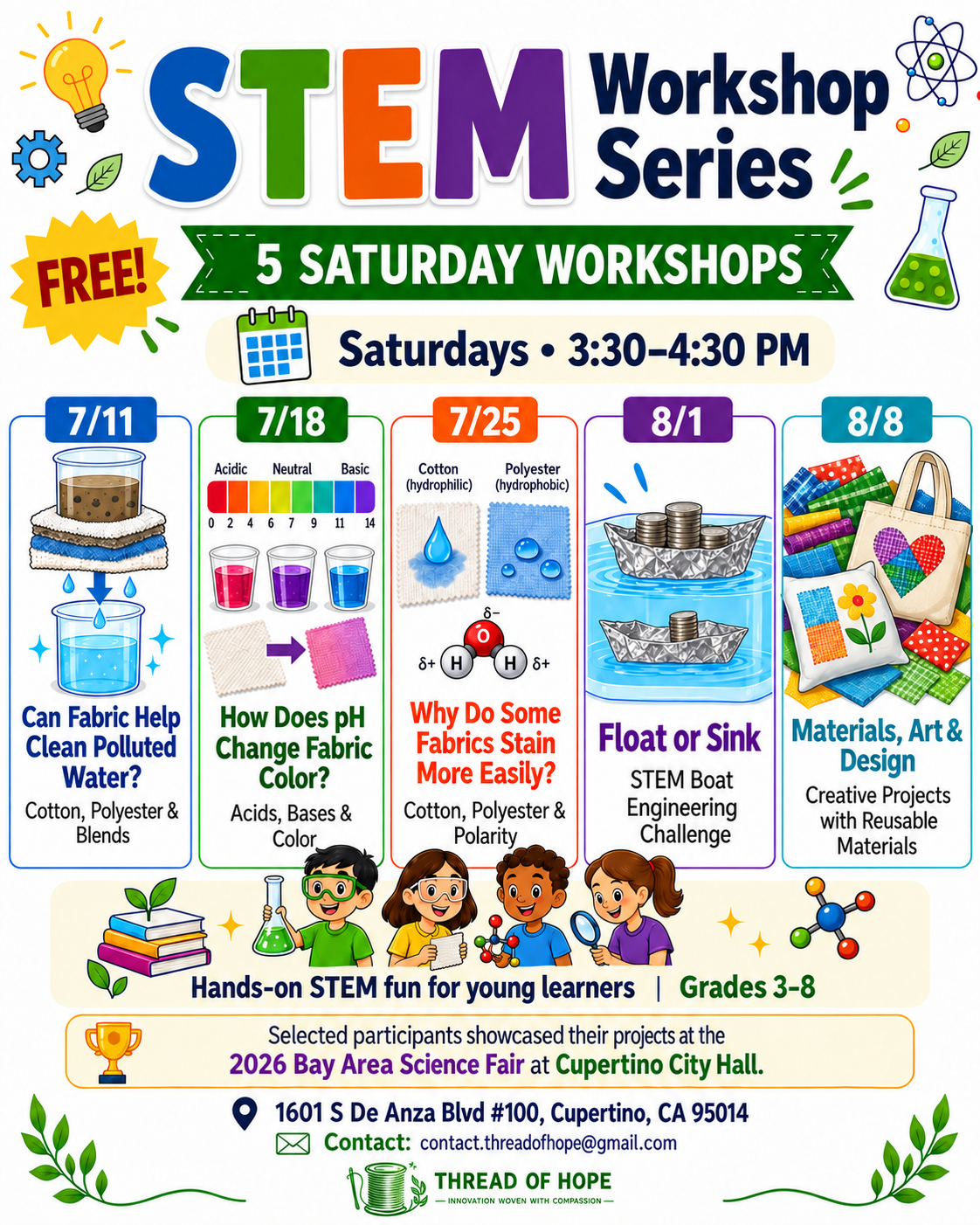 Thread of Hope 2026 Summer STEM Workshop Series featuring five workshops held from July 11 through August 8.