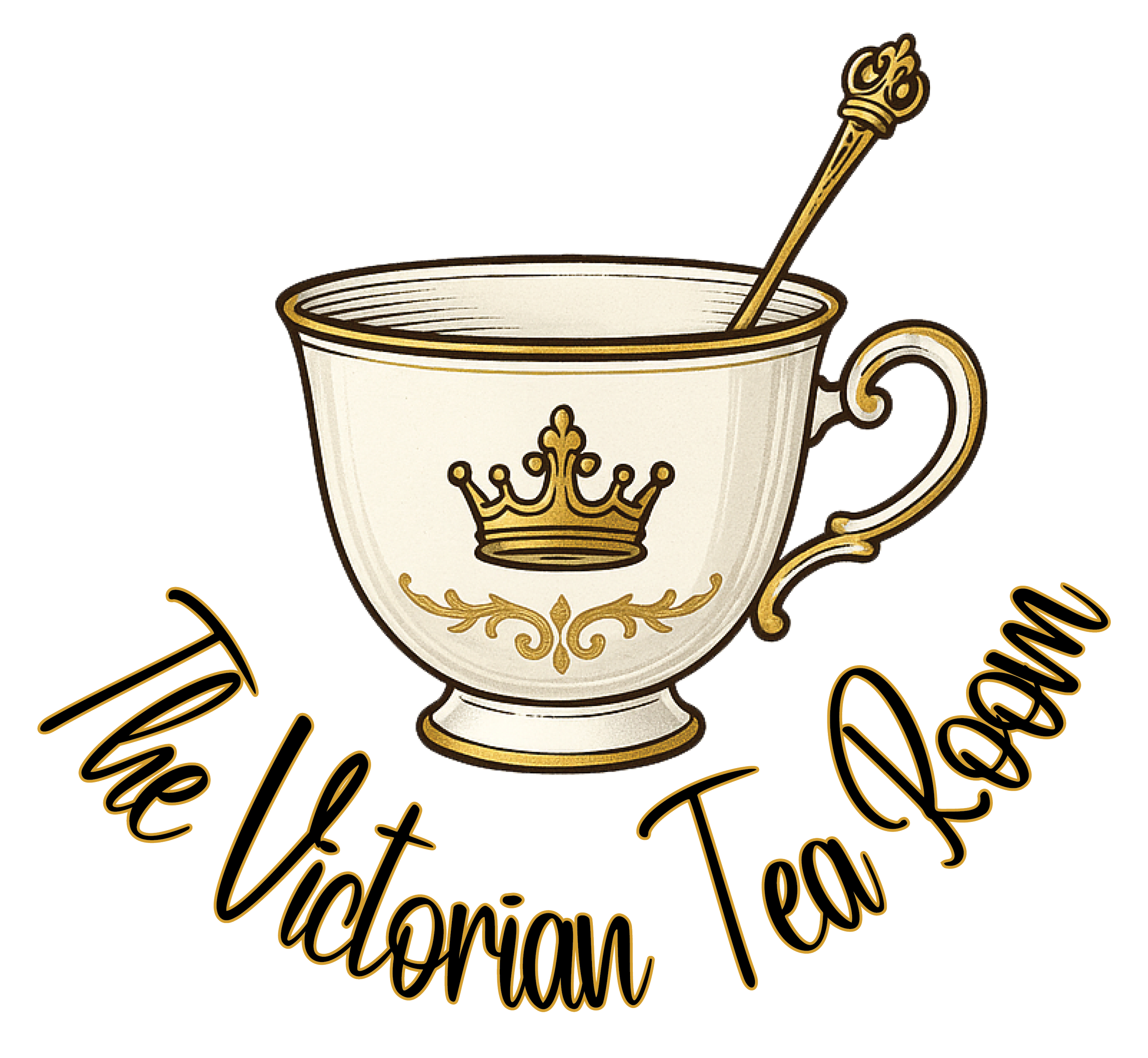 Logo for The Victorian Tea Room featuring a white teacup with gold detailing and a crown emblem, with the text 'The Victorian Tea Room' in cursive.
