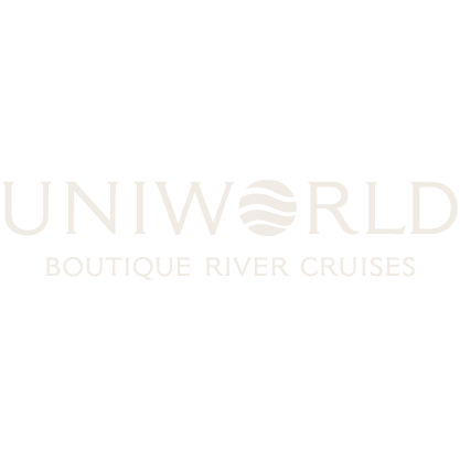 Logo for UNIWORLD BOUTIQUE RIVER CRUISES with a stylized wave inside the 'O' in 'UNIWORLD'