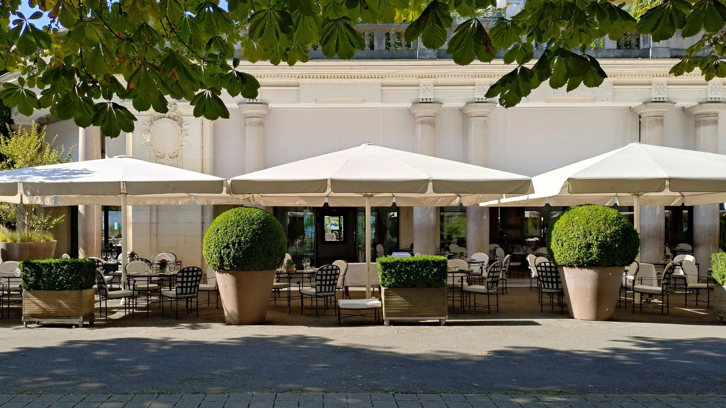 Outdoor patio with tables and chairs, white umbrellas, large potted bushes, and a building with columns in the background