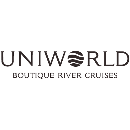 Logo for UNIWORLD Boutique River Cruises with stylized waves and text.